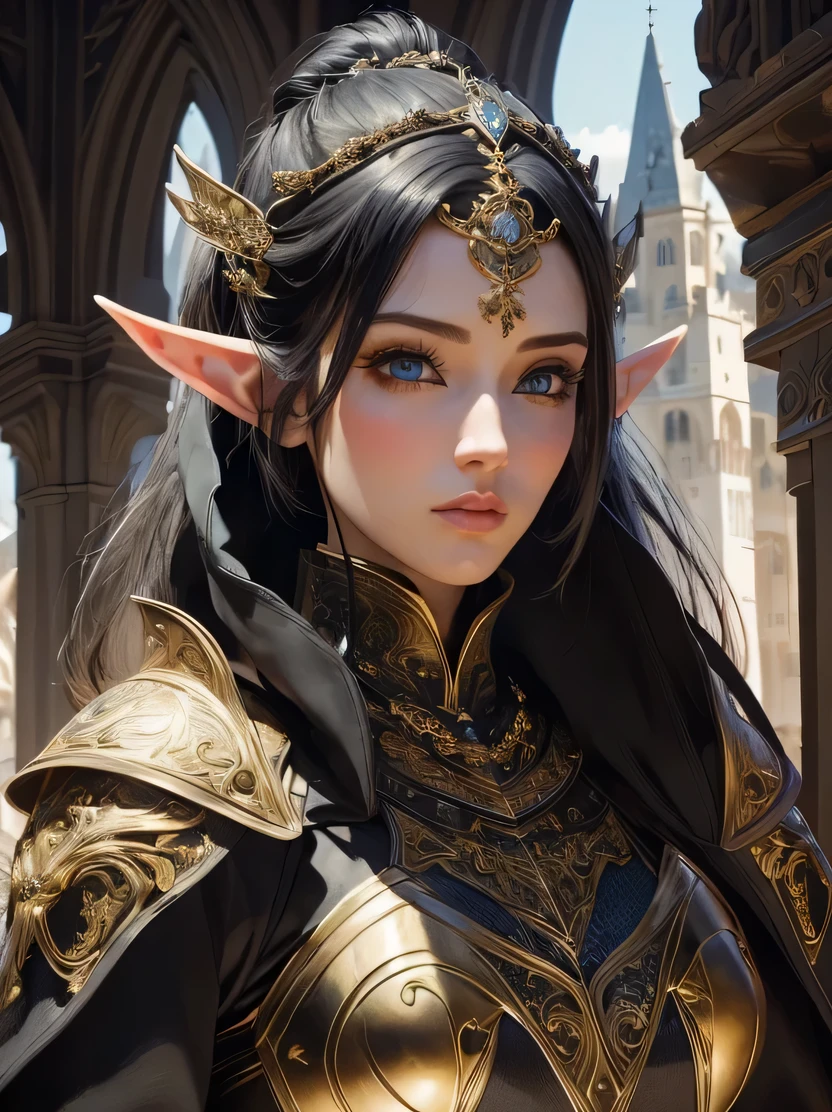 ((masterpiece、highest quality、Super detailed、High resolution、sharp focus、cinematic lighting))、((1 female、bust shot))、Portrait of a beautiful female elf 、40 years old、elaborately patterned cloth cloak、Textured black leather armor and leggings、Chalkboard armor with delicate carvings、black leather gloves、tall、well-proportioned body shape、、((black hair ponytail))、blue eyes、highly detailed face、Fine ears、view audience、Detailed depiction of hands、Beautiful medieval cityscape and castle in the background、Detailed background depiction、oil