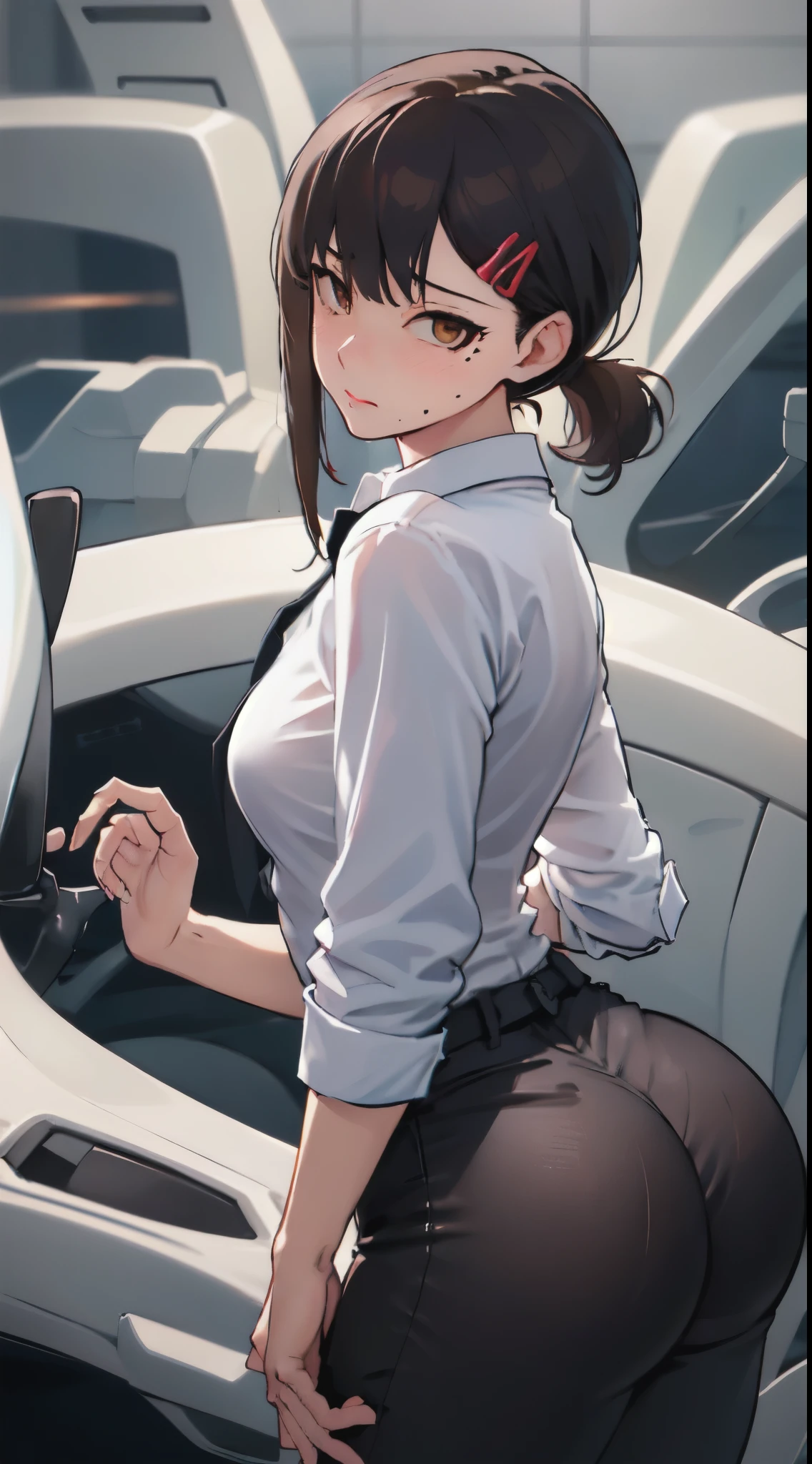 (masterpiece), (best quality), 1girl, ggas_kobeni, brown hair, hairclip, neutral expression, detailed face, looking at viewer, masterpiece, highres, original, extremely detailed wallpaper, (ultra-detailed), (best illustration), (best shadow), (realism), small breasts, perky breasts, business suit, yandere, blushing, black blazer, black necktie, white collared shirt, (brown eyes), really attractive, cute, hot, sexy, pawg, booty out, black pants, voluptuous, seductive, beautiful, thicc thighs, 1girl, innocent, 8k upscale, kobeni Higashiyama, booty facing camera
