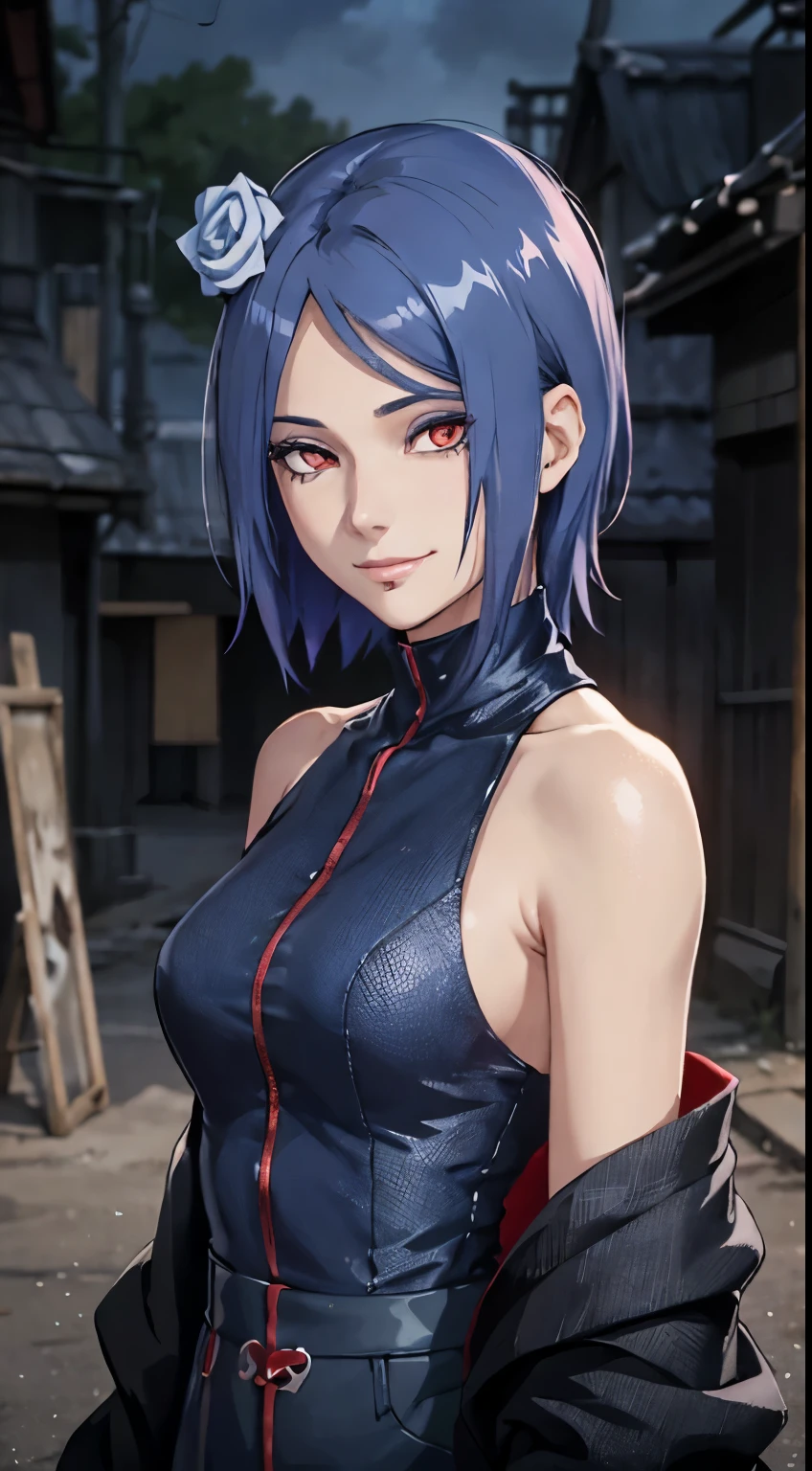(((akatsuki outfit,Xiao clothing, ninja, Leather black cape,Leather black jacket, (((danya,konan \(naruto\),konan, blue hair, Orange pupils, short hair, hair ornament, flower, hair flower, ))),(((wide hips))),S-shaped body:1.7))),((masterpiece)),high resolution, ((Best quality at best)),masterpiece,quality,Best quality,((( Exquisite facial features,looking at the audience,There is light in the eyes,shy,blush,pain,endure ))),(((Light and shadow interlace,super gigantic ,cleavage))),(((looking into camera,from above,looking down,抬头looking into camera)))