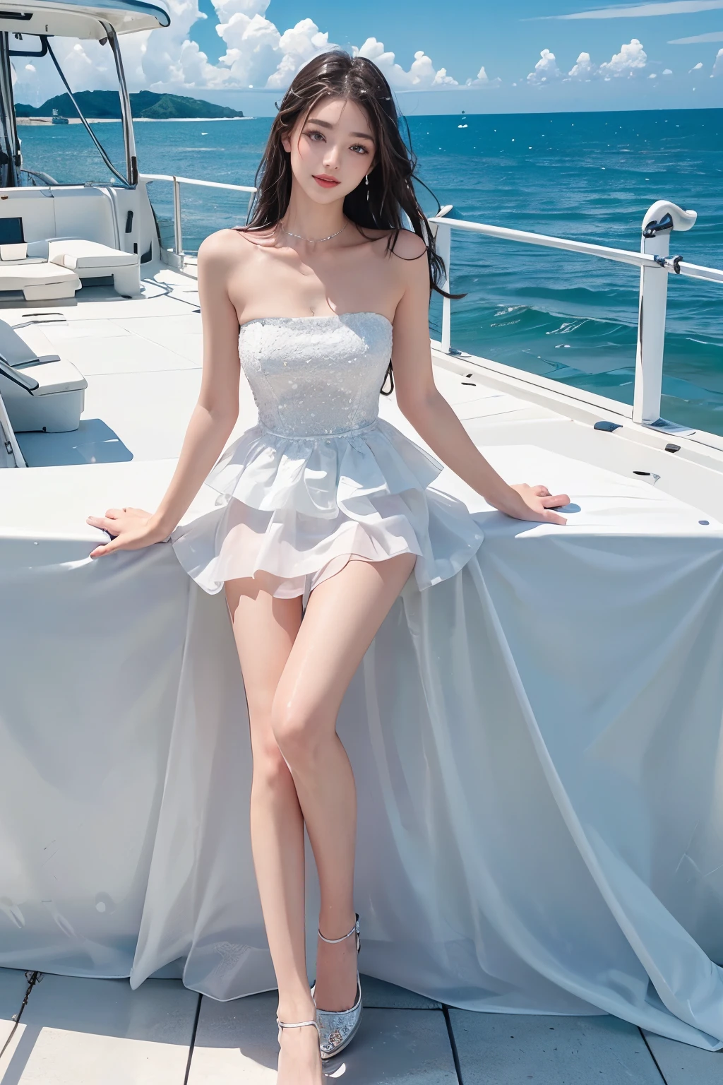 (full body),(best quality,ultra-detailed,photorealistic),beautiful detailed eyes,beautiful detailed lips,youthful female model,sweet girl dress,strapless dress,jewelry,saturated,wet all over,open sea,blue sky and clouds,Surfing on a sailboat, leaning against the railing,captivating smile,long legs,slender figure,stunning face,masterpiece