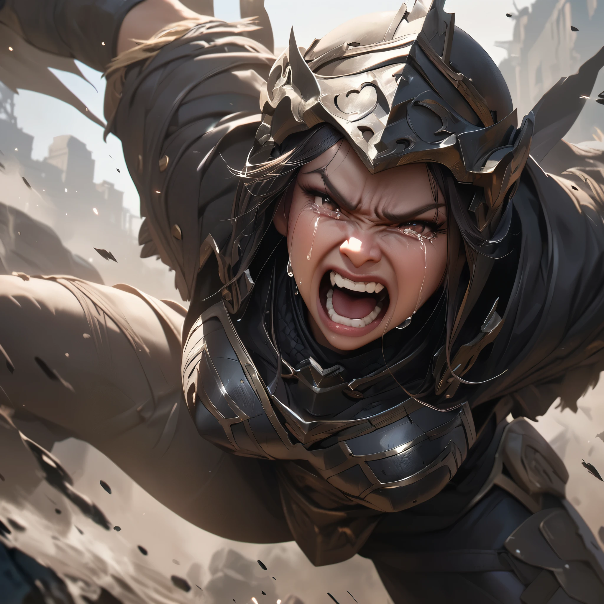(best quality, masterpiece, ultra-detailed, highres, realistic:1.37), a close up shot of a female warrior, (crying in anger), while launching an attack towards the enemy, tears flow as she fiercely lunges towards her enemy, comic style, cinematic, elaborate details, clean and sharp lines, perfect illustratiotomically correct，