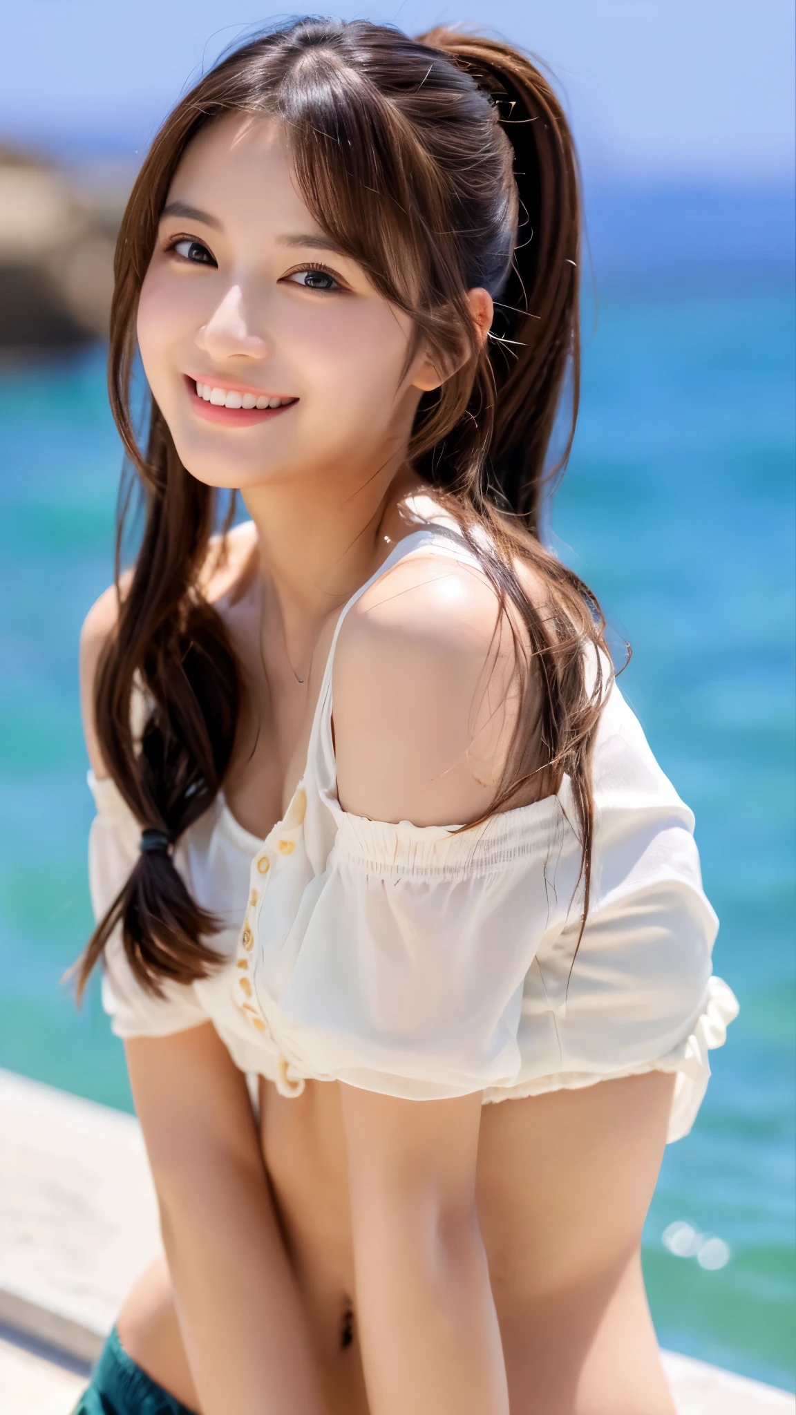 table top、(highest quality、4k、8k、High resolution、master piece: 1.2)、Super detailed、(real、photorealistic、photorealistic: 1.37)、full body shot、Complex and beautiful eyes、woman、twin tails、natural color lip、whiteTshirt、bold and sexy pose、smile、Ocean、20 year old girl、Cute and sexy shot looking at the camera。