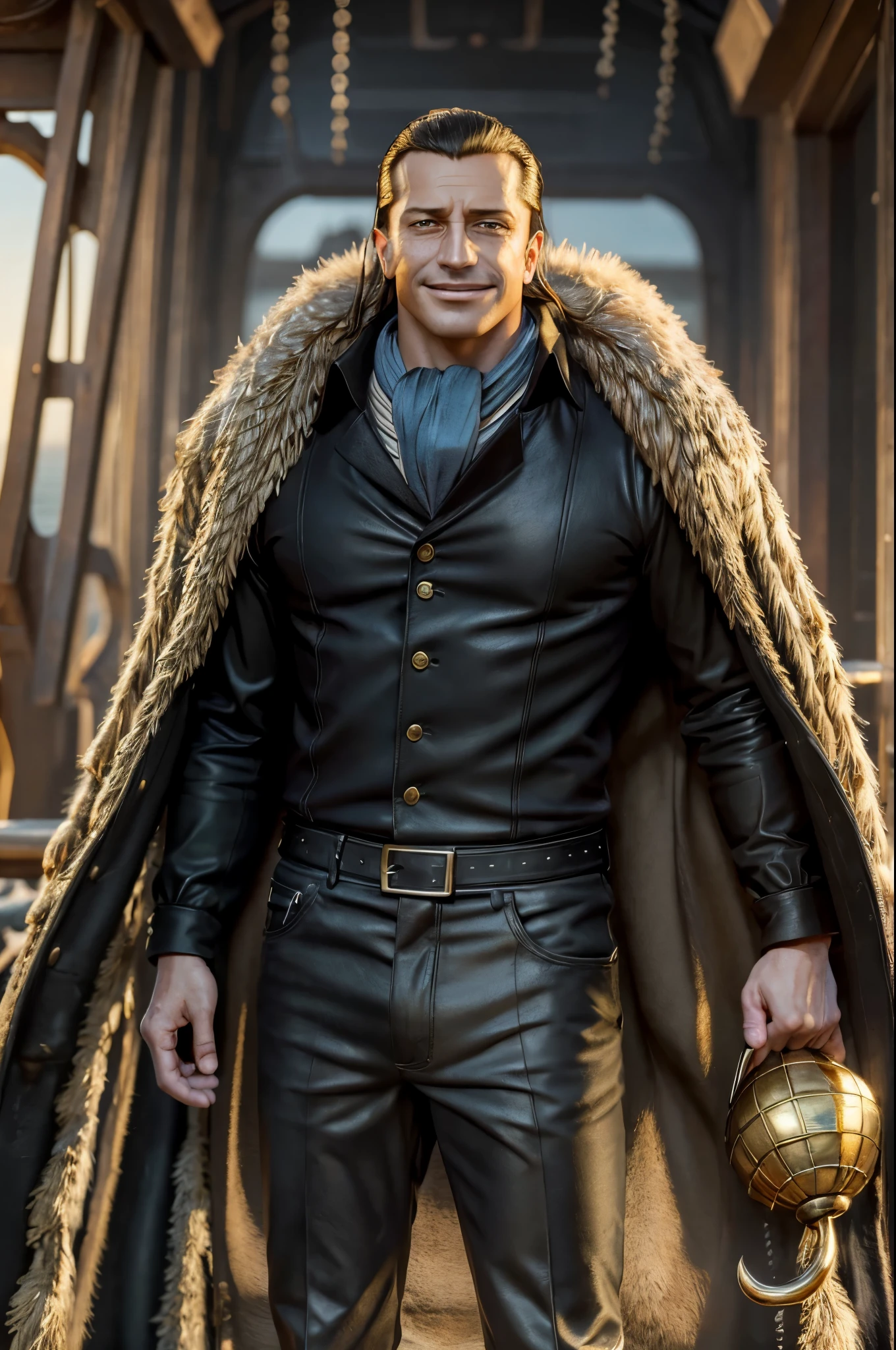 masterpiece, best quality, extremely detailed, hyperrealistic, photorealistic, a cool 40s man, ultra detailed face:1.2, fur-trimmed coat, scarf around the neck, his left hand is a golden pirate hook:1.1, sly smile, on battleship:1.1, sea:1.1