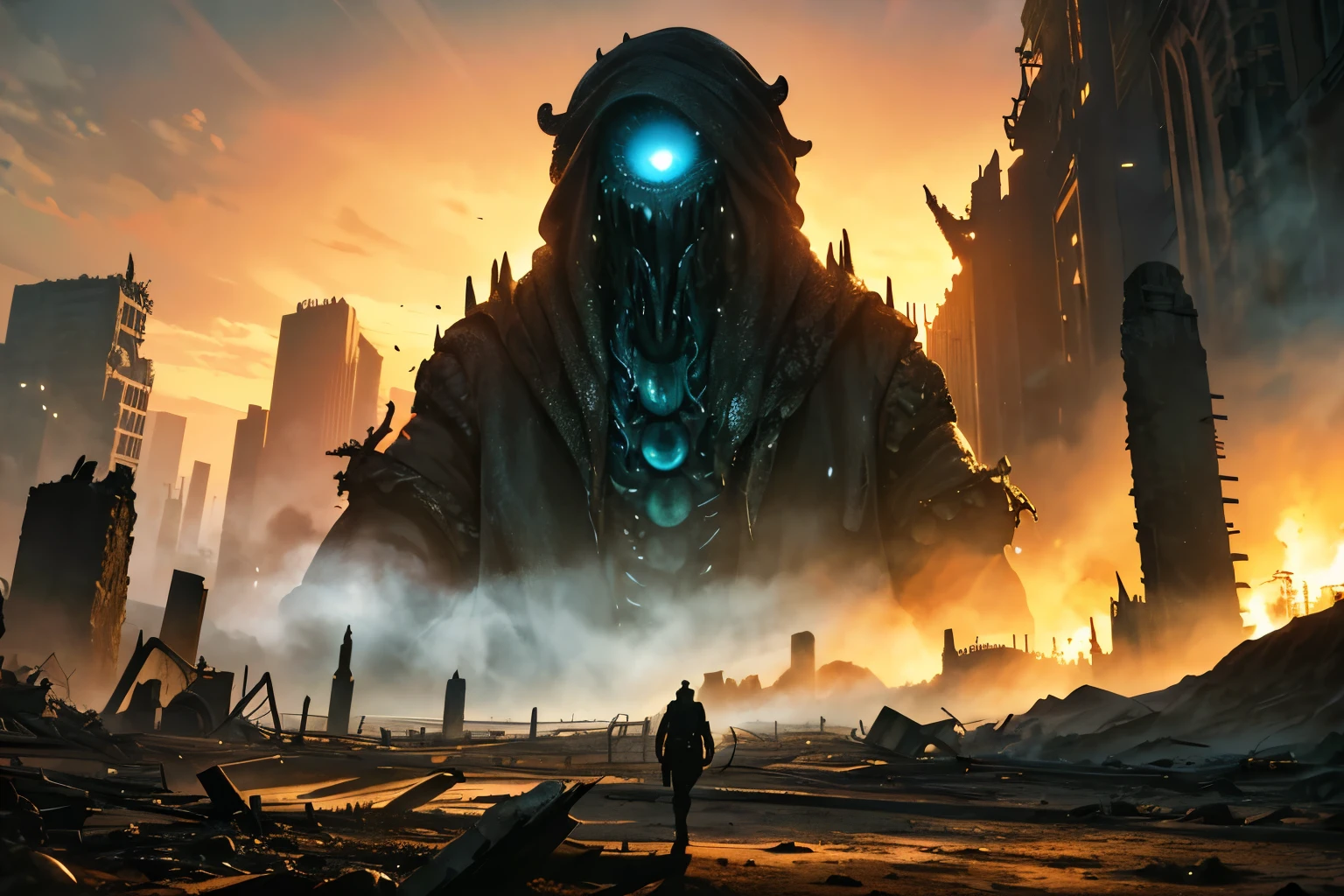 Cthulhu Mythos，giant eye，eyeball，Octopus-like monster，fantasy world，magical world view(best quality, 4k, high-res, realistic:1.37), dark and apocalyptic scenery, monstrous beings, colossal creatures, a hero wielding a sword, facing a menacing boss, intense battle between the hero and the monster, detailed faces and intense expressions, intricate background with ruins and destruction, epic atmosphere, intense lighting, dramatic shadows, vibrant colors, post-apocalyptic landscape，fantasy world，magical world view