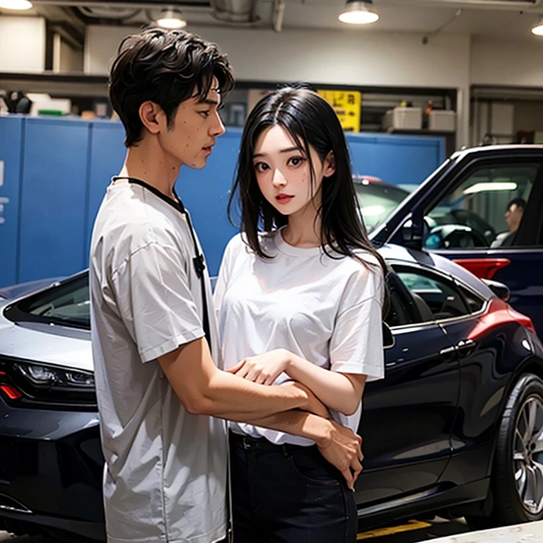 A small woman with black hair stood looking at a tall man wearing a messy shirt. Repairing a car at an auto repair shop.