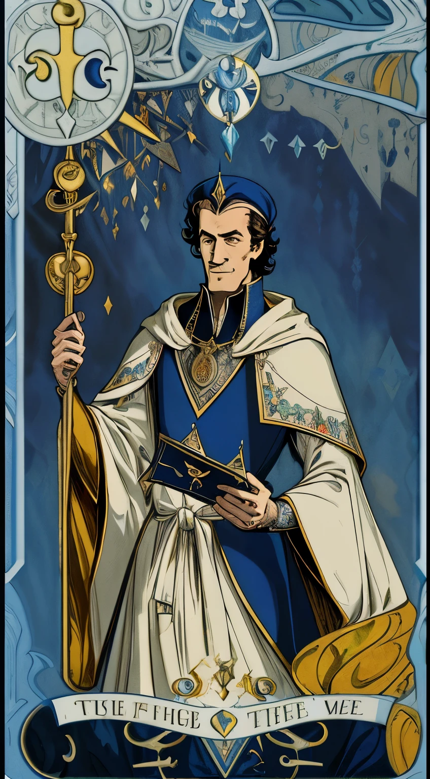 Masterpiece, Best Quality, Ultra-Detailed, a card of a man with pompous and elegant robes, elegant fancy dress, wearing a bouffant medieval beret, carrying a letter in his hands, looking to the left side, chin raised, happy expression, conceptual art (((tarot card:1.0))), card, tarot