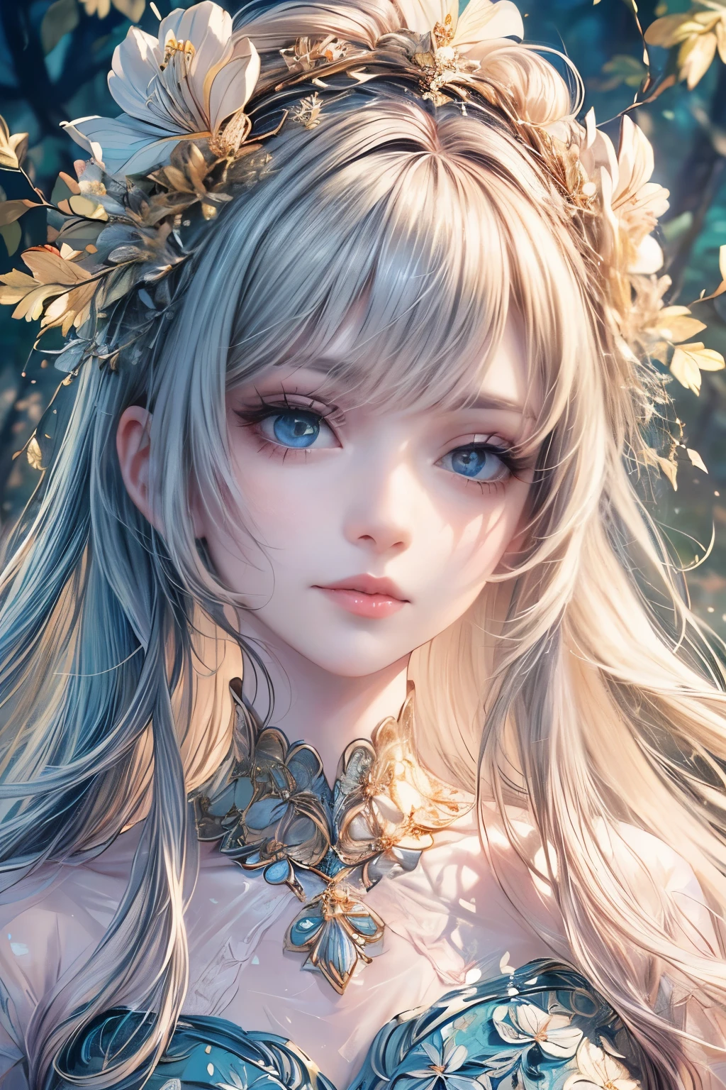 (high quality, 8K, CG, Upper body details, girl, Floral Dress, forest background, detailed facial features, elegant long hair, big almond eyes, Detailed eye makeup, long eyelashes fluttering, blinking big eyes, twinkling stars, Intricate lip details, The style is soft)