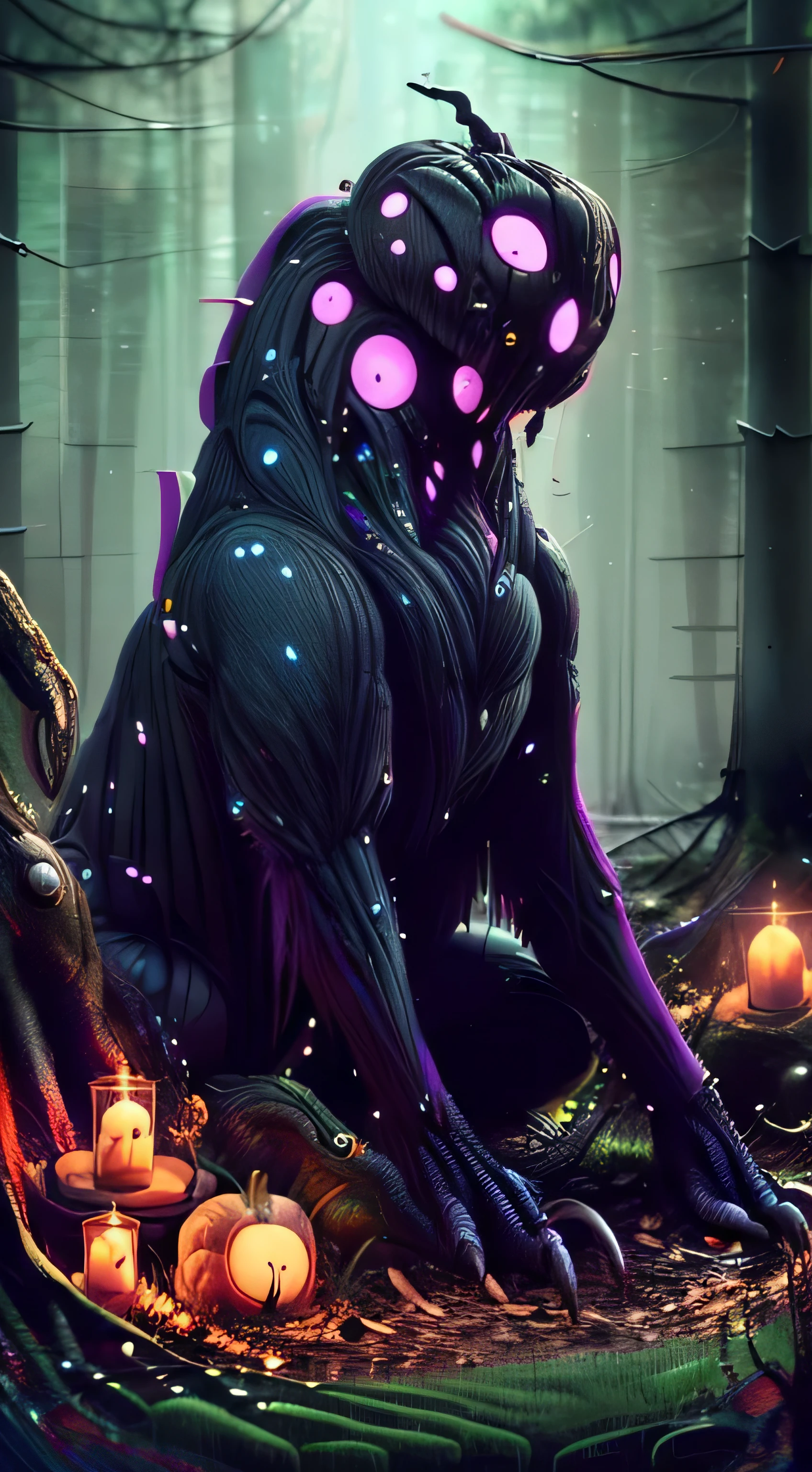 A pumpkin head, an eldritch creature, and roots emerge from the darkness in this oil painting. The scene is dark and mysterious, with haunting greens and purples dominating the color palette. The soft glow of light illuminates the twisted roots that entwine the pumpkin head and the eldritch creature, creating an eerie atmosphere. The details of the pumpkin head are emphasized, showcasing its unique features and intricate textures. The eldritch creature's appearance is otherworldly, with intricate patterns and grotesque elements. The roots sprawl out, adding depth and complexity to the composition. The overall quality of the image is of the highest standard, with ultra-detailed rendering and realistic textures. The art style is reminiscent of classic oil paintings, evoking a sense of timelessness. The color tones are carefully selected to enhance the dark and mysterious ambiance of the scene. The lighting in this piece creates a soft, diffused glow, accentuating the eerie atmosphere and adding depth to the composition. purple lighting