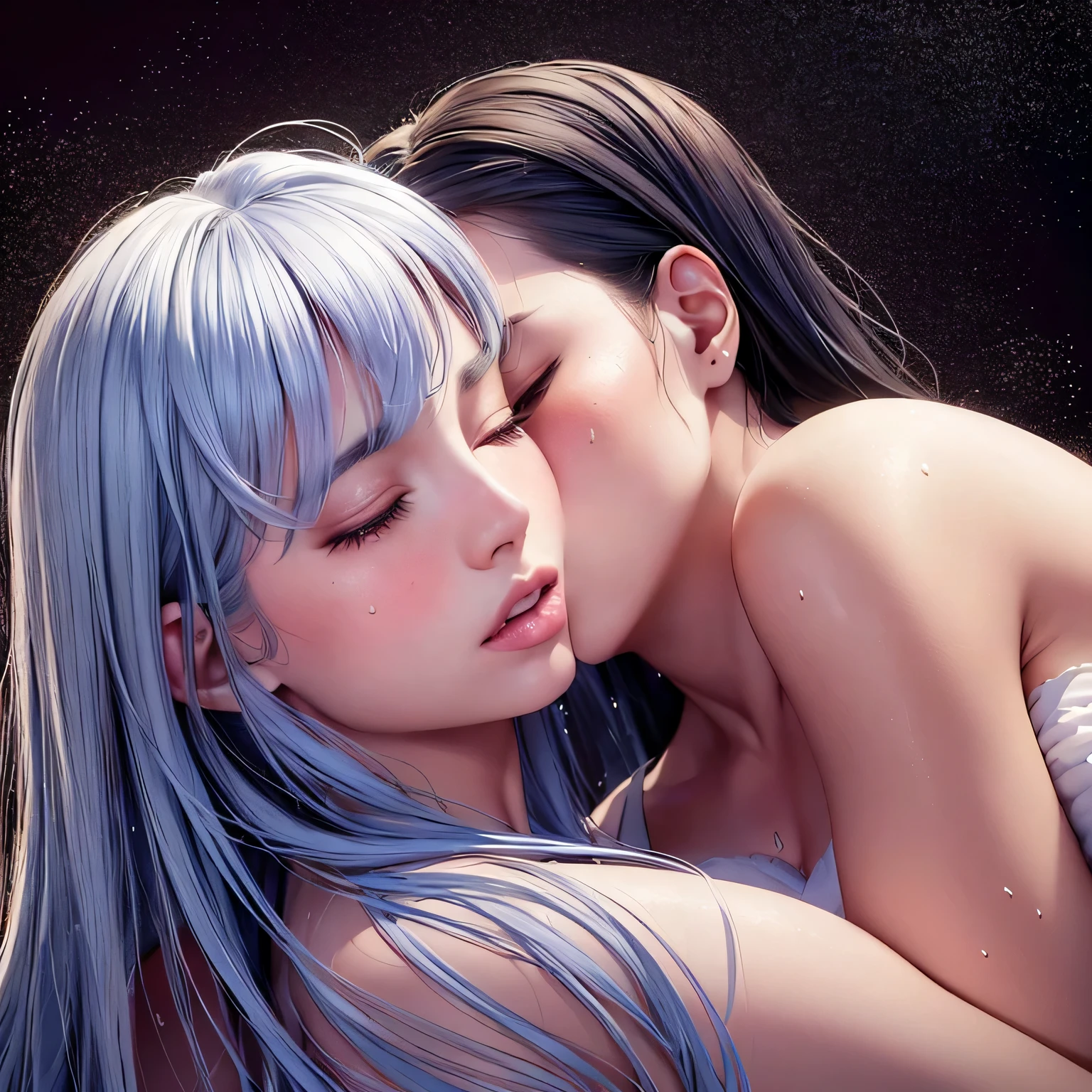 (Two-dimensional beautiful girl、highest quality, masterpiece, High resolution、Two female fighters hugging each other)、wonderful、((sweating 1.3))、(((kiss)))、((sweat evaporates around you))、very detailed,colorful,most detailed 、((Super detailed)), (Detailed CG illustration), ((very delicate and beautiful)),cinematic light、