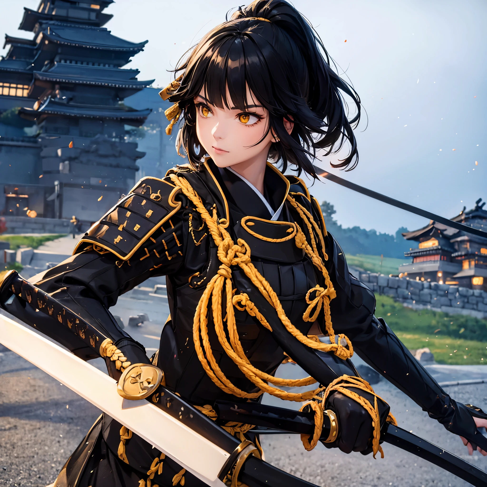 a woman with black hair, ponytailed hair, yellow eyes, wearing black samurai armor with gold trim, holding a katana, outside a traditional Japanese fortress.
