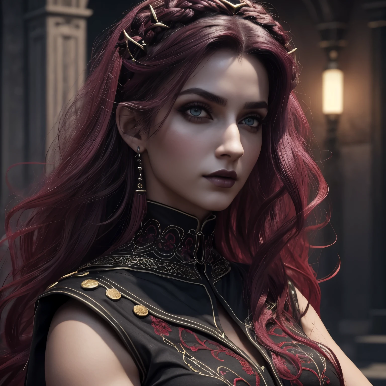 Mulher, medusa, (Feudal Middle Ages:1.1), Slavic appearance, (longo liso roxo gradiente de cabelo pro vermelho), (Olhos vermelhos), (look of strong expression), batom roxo, pele clara, (Black Gothic clothes with red details:1.1), Yellow scales on the hands, cinematic lighting, mystical atmosphere, Dynamic focus, ultra realidade, ultra realistic, ultra qualidade, real, Textura real:1.1, Roupas realistas:1.1, 8k insanos,  Absurdo,