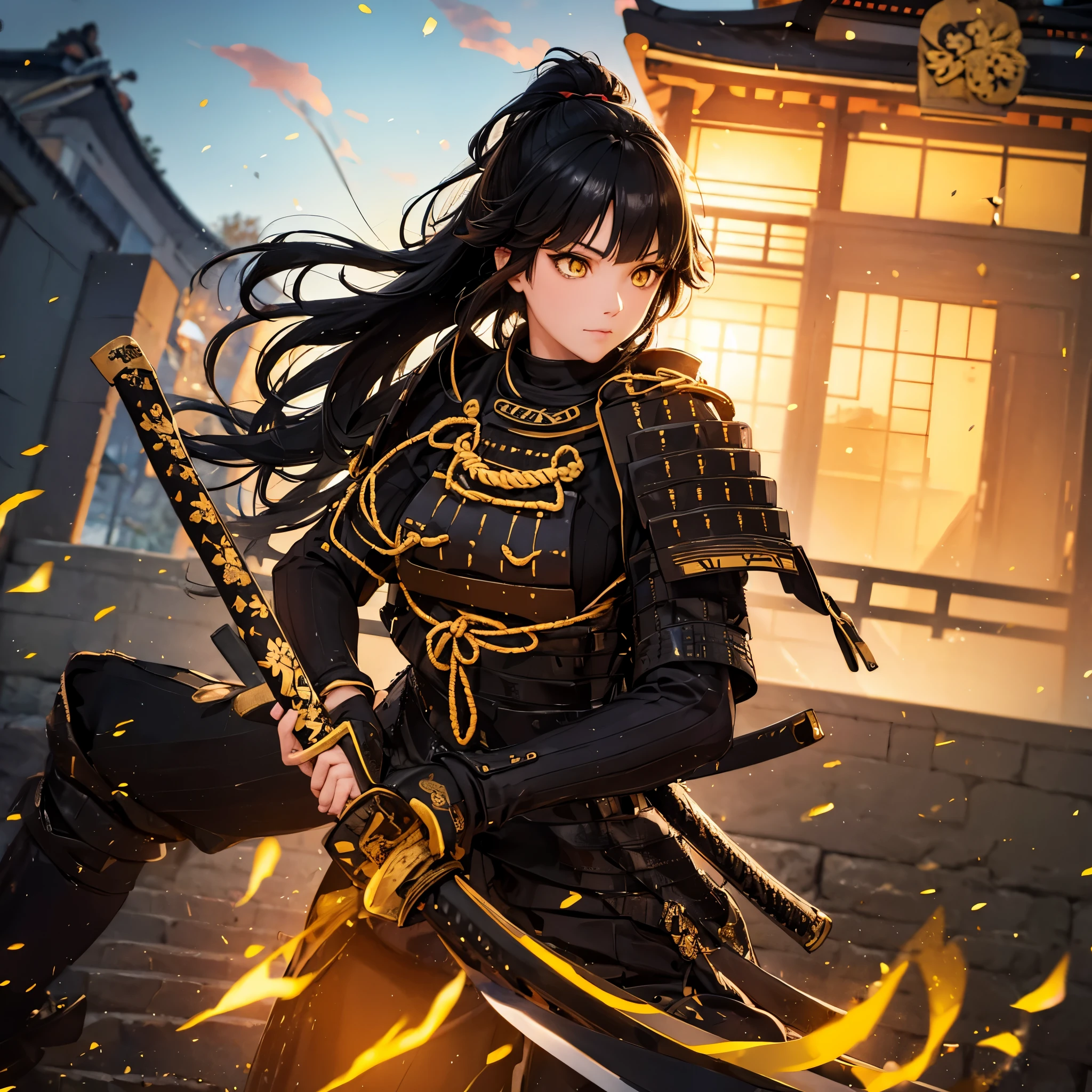 a woman with black hair, ponytailed hair, yellow eyes, wearing black samurai armor with gold trim, holding a katana, outside a traditional Japanese fortress.
