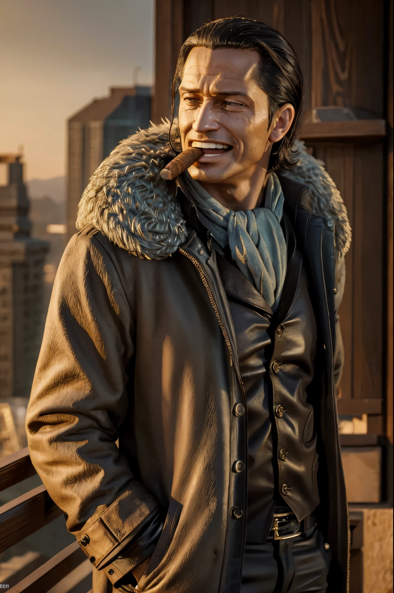 masterpiece, best quality, extremely detailed, hyperrealistic, photorealistic, a cool 40s man, ultra detailed face:1.2, fur-trimmed coat, scarf around the neck, his left hand is a golden pirate hook:1.1, laughing,, cigar:1.1,