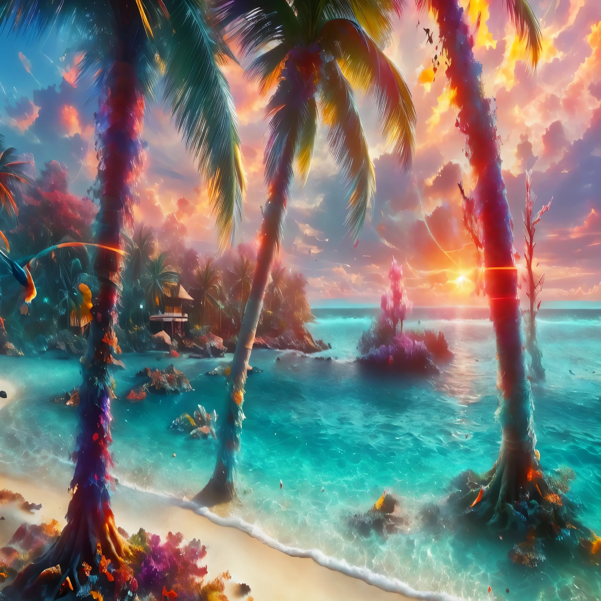crystal clear turquoise water, lebendige Korallenriffe, Unterwasserparadies, tropical birds, palm-lined beaches, breathtaking sunsets, quiet atmosphere, ethereal glow, surreal beauty