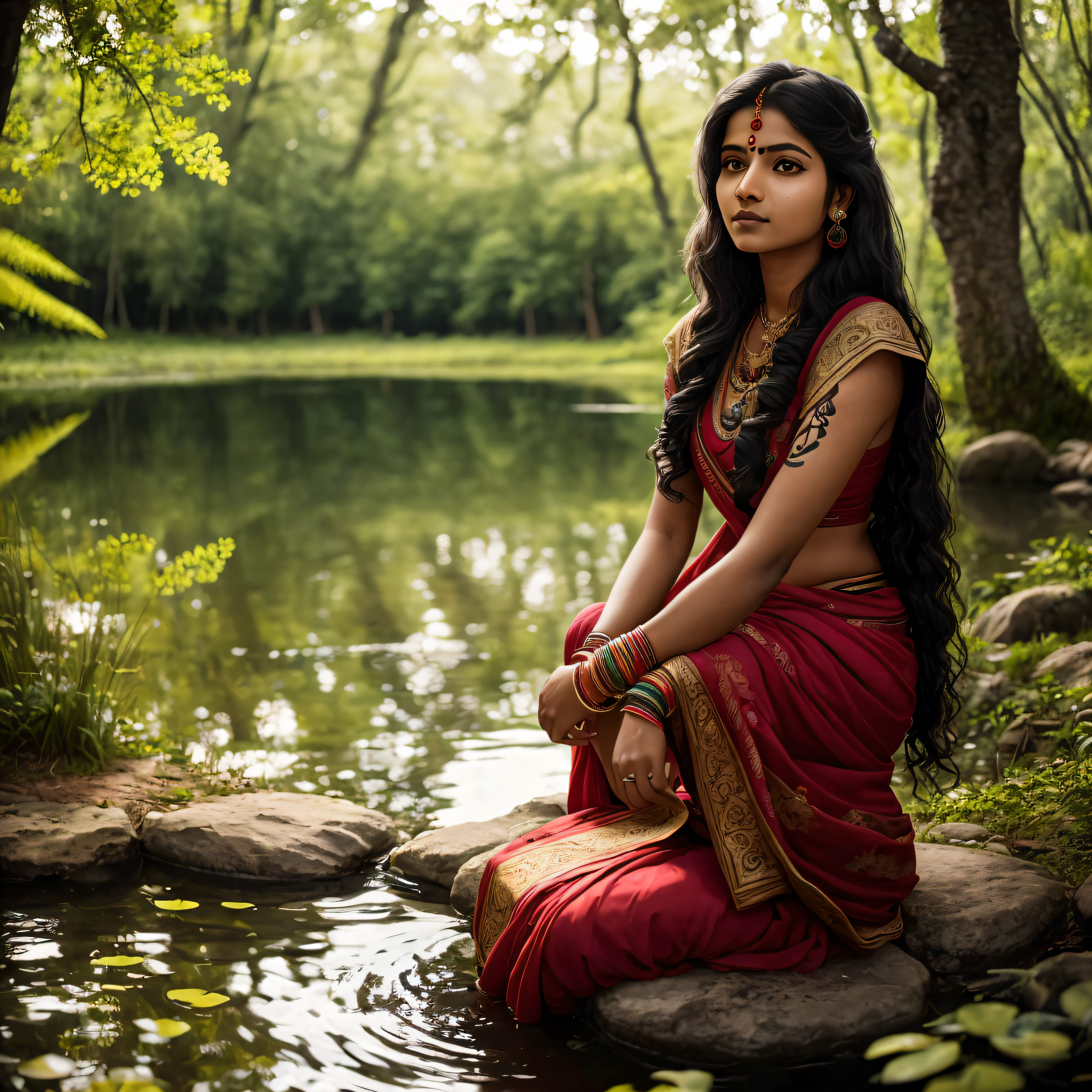 A young Indian woman with long wavy hair finds herself in a moment of communion with nature. Sitting near a gleaming pond in the middle of an open forest, her tribal tattoos add an artistic and meaningful touch to her appearance. The tranquil atmosphere and balance between the woman and her environment underscore the harmony between Indian culture and the natural world