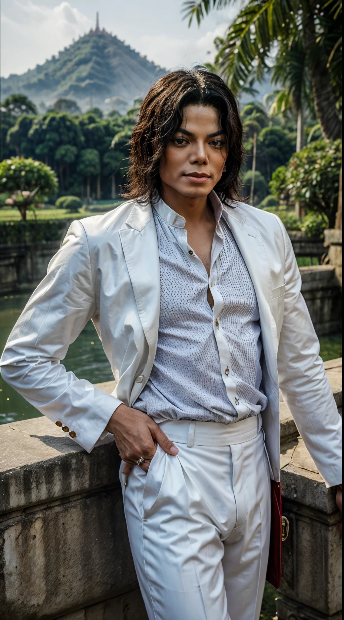 (michael jackson:1.1), wearing white suit, Indonesian traditional clothes, portrait, detail eyes, landscape in background, arcan3v2