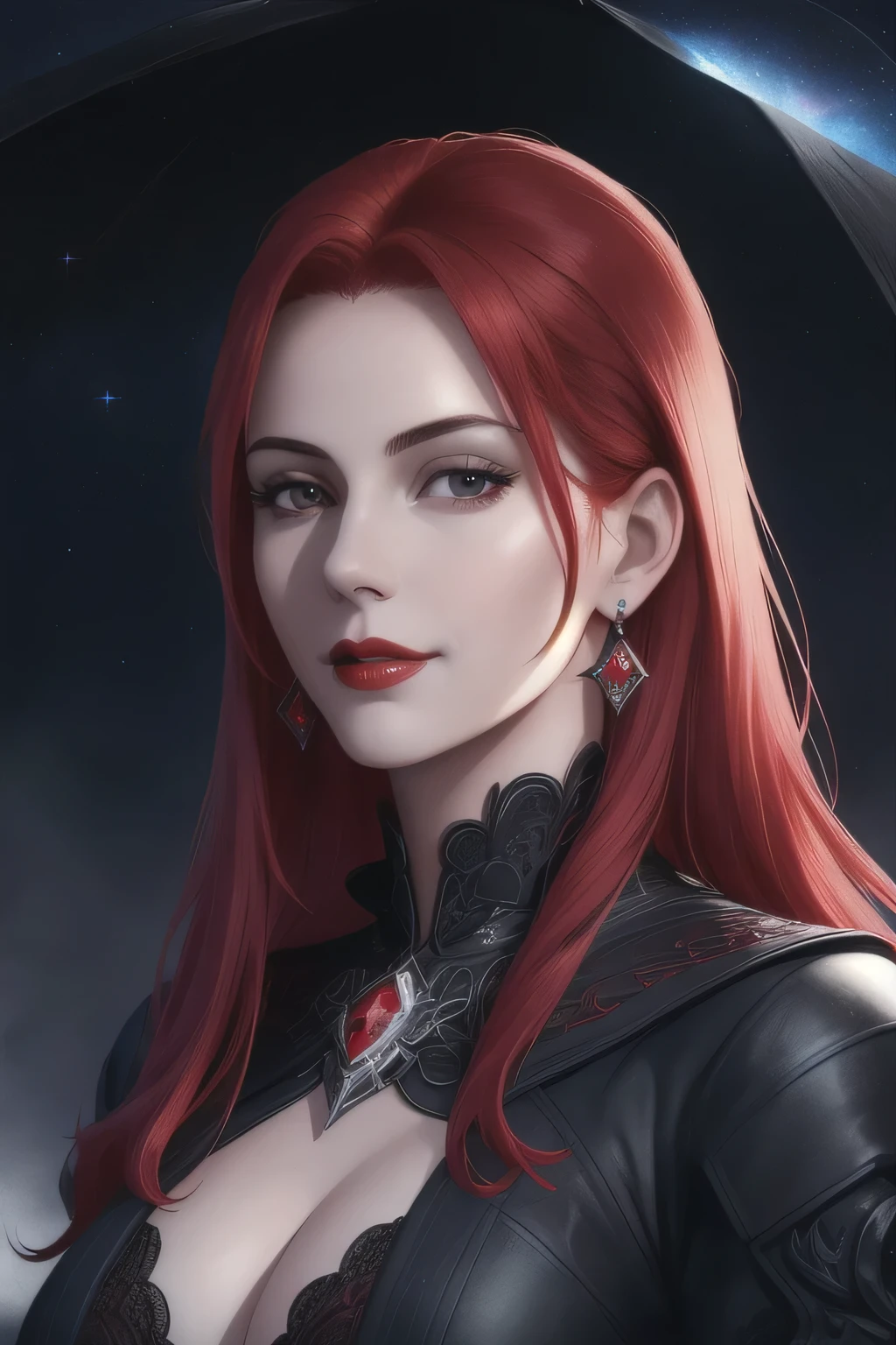 portrait shot, ((vivid red hair)), mature woman, 30 years old, diamond face, moonlight, red starry sky background, depth of field, magic, big red lips, ((dark black eyes)) (Detailed beautiful eyes) black and red long and full attire, covered chest, mystical atmosphere, ominous shadows, Intense blue aura, Intense red aura (best quality:1.2), absurdres, intricate details, (highly detailed skin:1.2), smile expression, posing, taut and well defined body, attractive. Highly realistic, white skin, ruddy skin, beautiful, hyperrealism, skin very elaborated, direct gaze