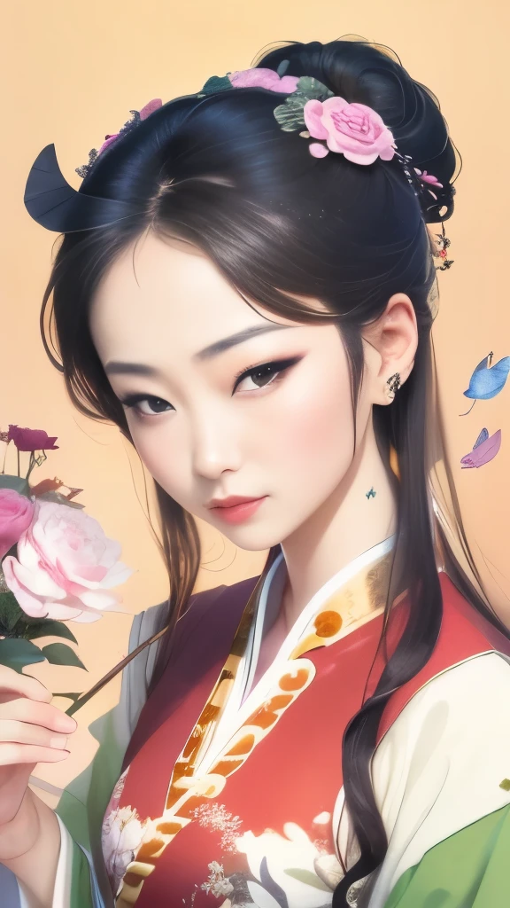 official art, Unity 8k壁纸, Super detailed, Beautiful and beautiful, masterpiece, best quality, (realistically:1.4, grace, Bright colors, , Zhong Fenghua, 1 girl in Hanfu, lips slightly open, (Flowers twinkle:1.5), (solo:1.5), (looking into camera:1.3), Umbellate, (See through Hanfu:1.3), (floret:1.5), (plaster:1.3), (blooming flower:1.3), glowing skin, (floating colorful glitter:1)The most beautiful form of chaos, (Pastel background:1.5), (Chinese painting landscape painting background:1.3)