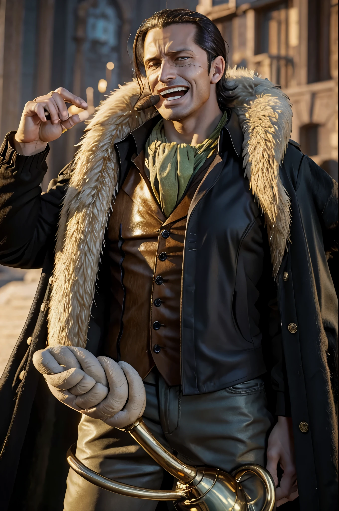 masterpiece, best quality, extremely detailed, hyperrealistic, photorealistic, a cool 40s man, ultra detailed face:1.2, fur-trimmed coat, scarf around the neck, his left hand is a golden pirate hook:1.1, laughing,, cigar:1.1,