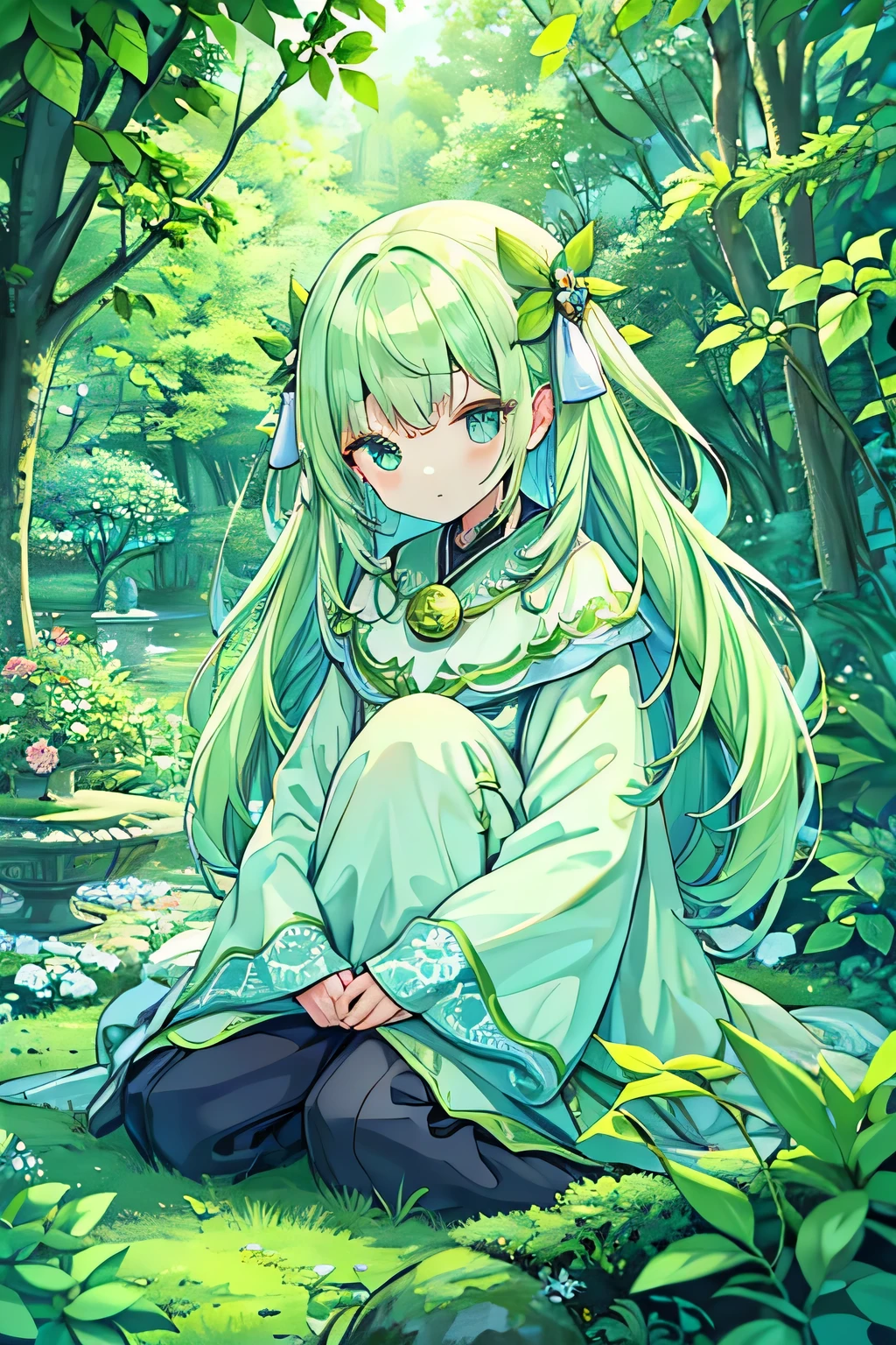 のwoodの精霊の女の子、looks young、bright mint green hair、long hairstyle、expressionless face、wood々A sanctuary overflowing with