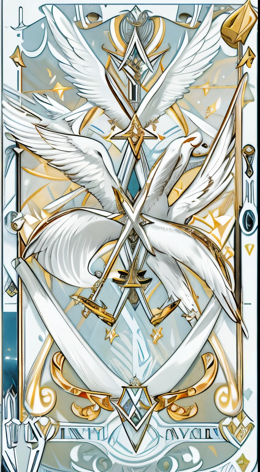 Masterpiece, Best Quality, Ultra-Detailed, a card of two swords with white handles and silver blades crossing each other, tied by a white silk ribbon, with several white pigeons flying in the background and golden lights showing off, conceptual art (((tarot card:1.0))), card, tarot