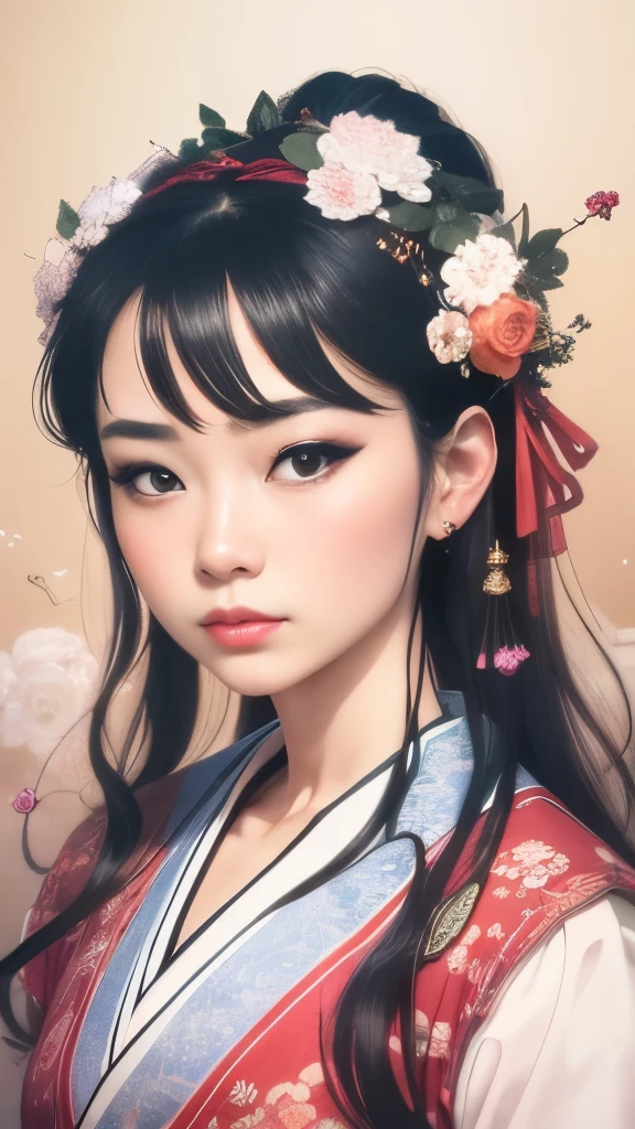 official art， Unity 8k壁纸， Super detailed， Beautiful and beautiful， masterpiece， best quality， （realistically：1.4， grace， Bright colors， ， Zhong Fenghua， 1 girl， lips slightly open， （Flowers twinkle：1.5）， （solo：1.5）， （looking into camera：1.3）， Umbellate， （See through Hanfu：1.3）， （floret：1.5）， （plaster：1.3）， （blooming flower：1.3）， glowing skin， （floating colorful glitter：1）The most beautiful form of chaos， （Pastel background：1.5）， （Chinese painting landscape painting background：1.3）