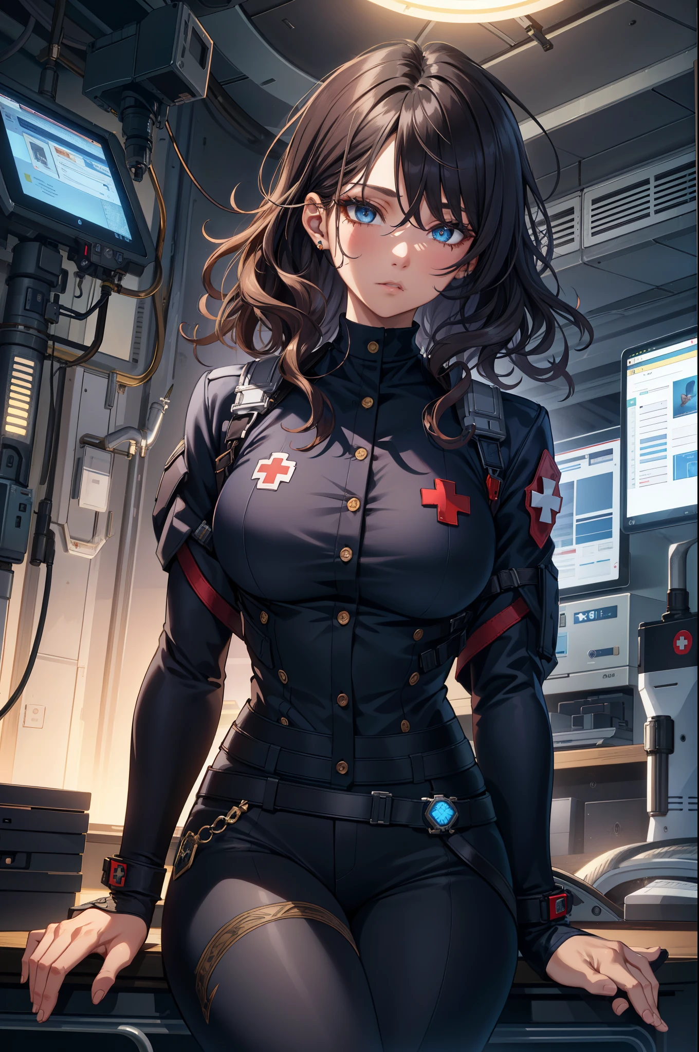 (extremely detailed CG unity 4k wallpaper),(masterpiece),(best quality),(ultra-detailed),(best illustration),(best shadow),(absurdres),(detailed background), Detailed face, Detailed hair, Woman with light skin, Shoulder length messy straight and curly black hair, bedroom eyes, Doe eyes, Blue eyes, Neutral expression, Turtle neck with Blue Long Sleeve Button Down Shirt and Red cross patch, black pants, Spaceship Hospital Background, Siting on a medical table, Black glossy eyeshadow,