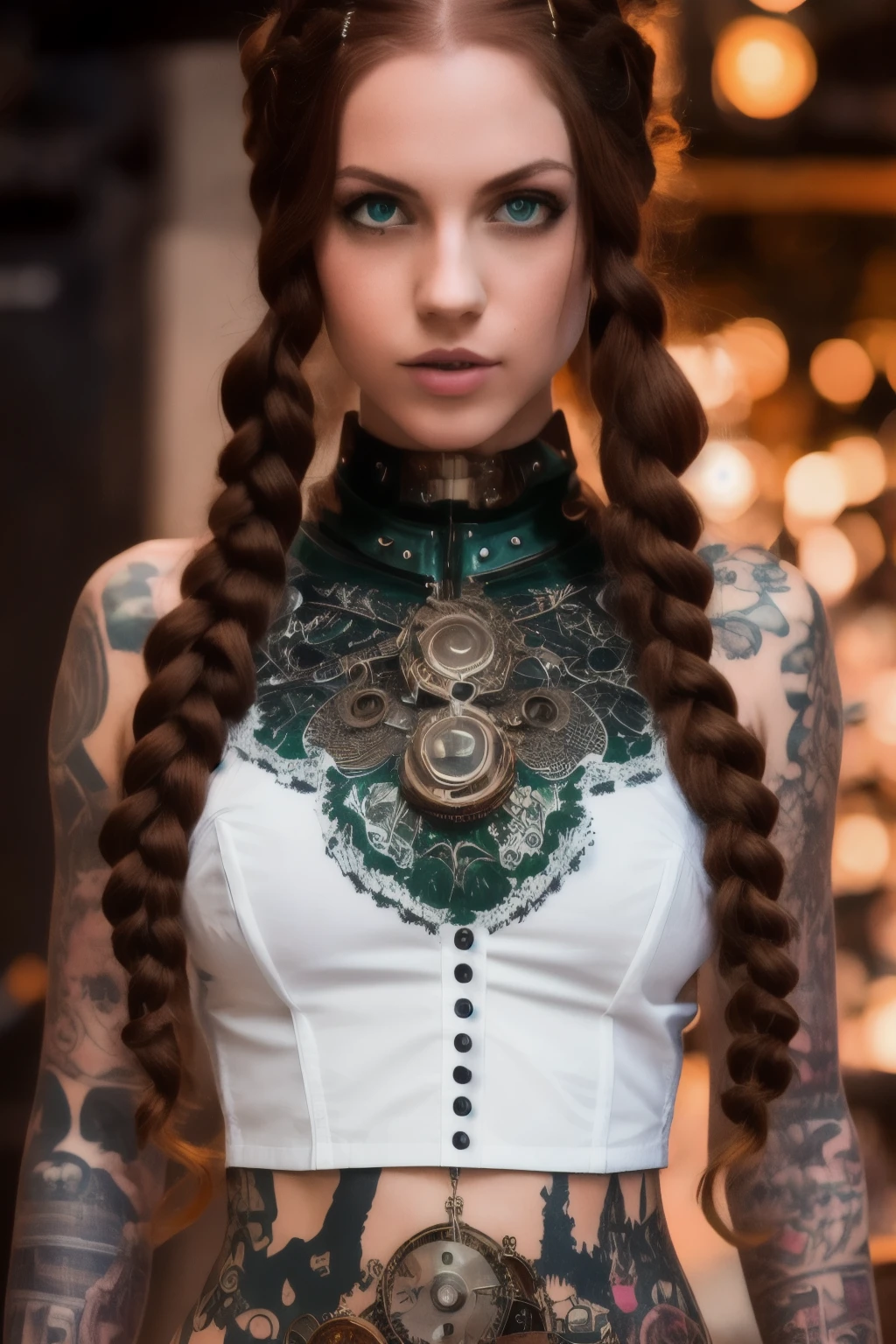 an steampunk girl at a , (white crop top:1.2), size d breast, black and blue leather, tattoo, hyper detailed, ultra sharp, intense green eyes, long auburn hair in braids, 8k, (insanely detailed:1.5), full body photograph, 20 megapixel, canon eos r3, detailed skin, pale skin