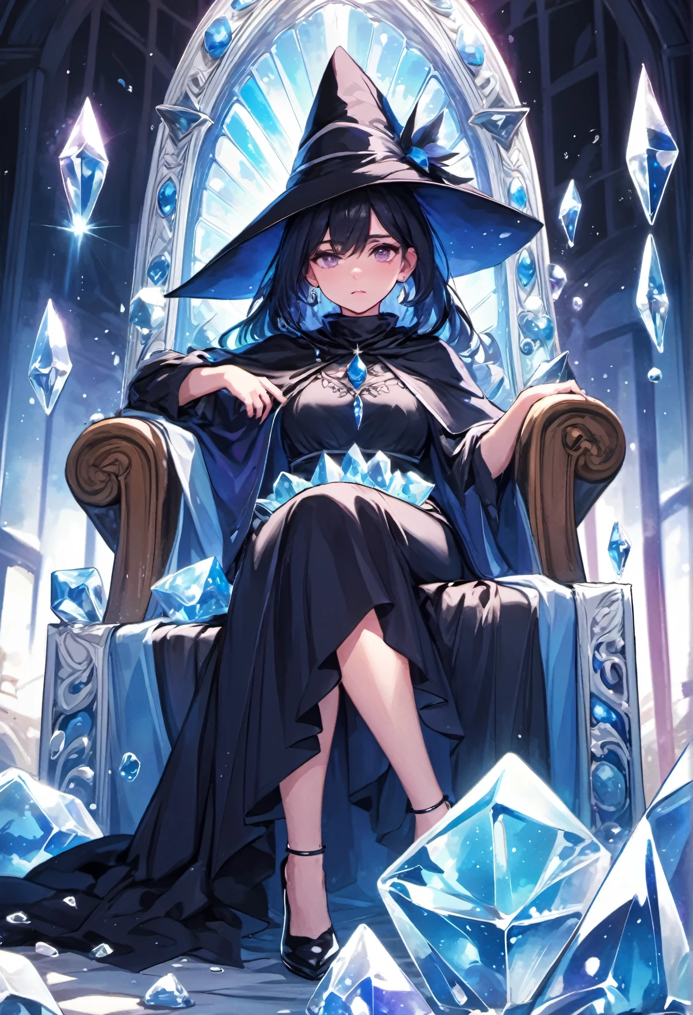 chica anime sentada en un trono con un sombrero puesto, mago de pelo blanco, en un trono de cristales, coqueta anime bruja casting magia, hermoso mago, en un trono helado, una joven maga, una hermosa hechicera, academia de brujas, /!\ la hechicera, maga!, sentado en un trono de obsidiana, portrait of a maga