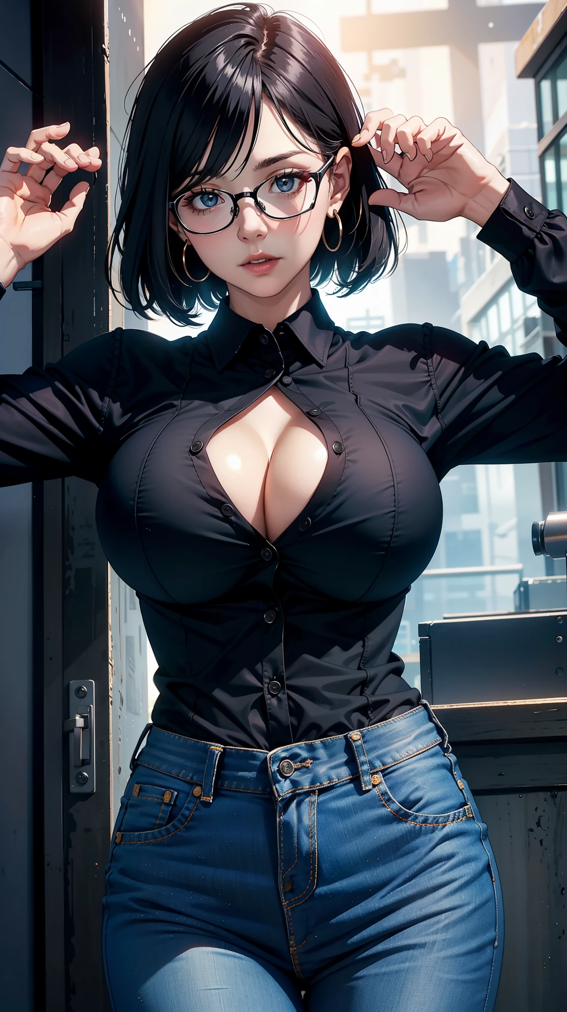 Masterpiece, high quality, 8k, ultra detail, solo, ((40 years old)), lady, black shirt,long sleeve, short jeans, glasses, large breast, dynamic poses, cleavage, open buttons,