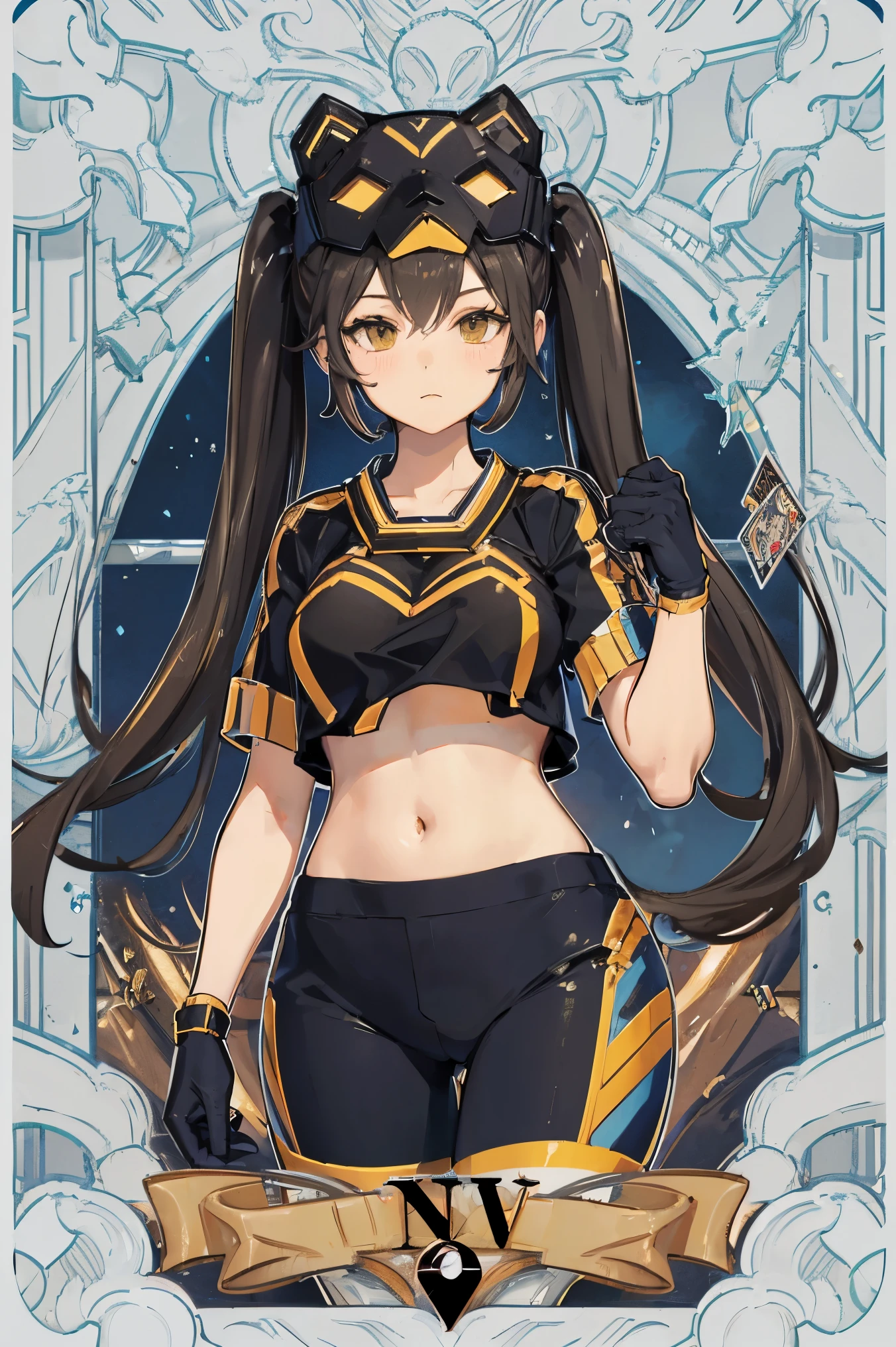 ip1, 1girl, cat mask, crop top, tight pants, twintails, short sleeves, gloves, tarot card