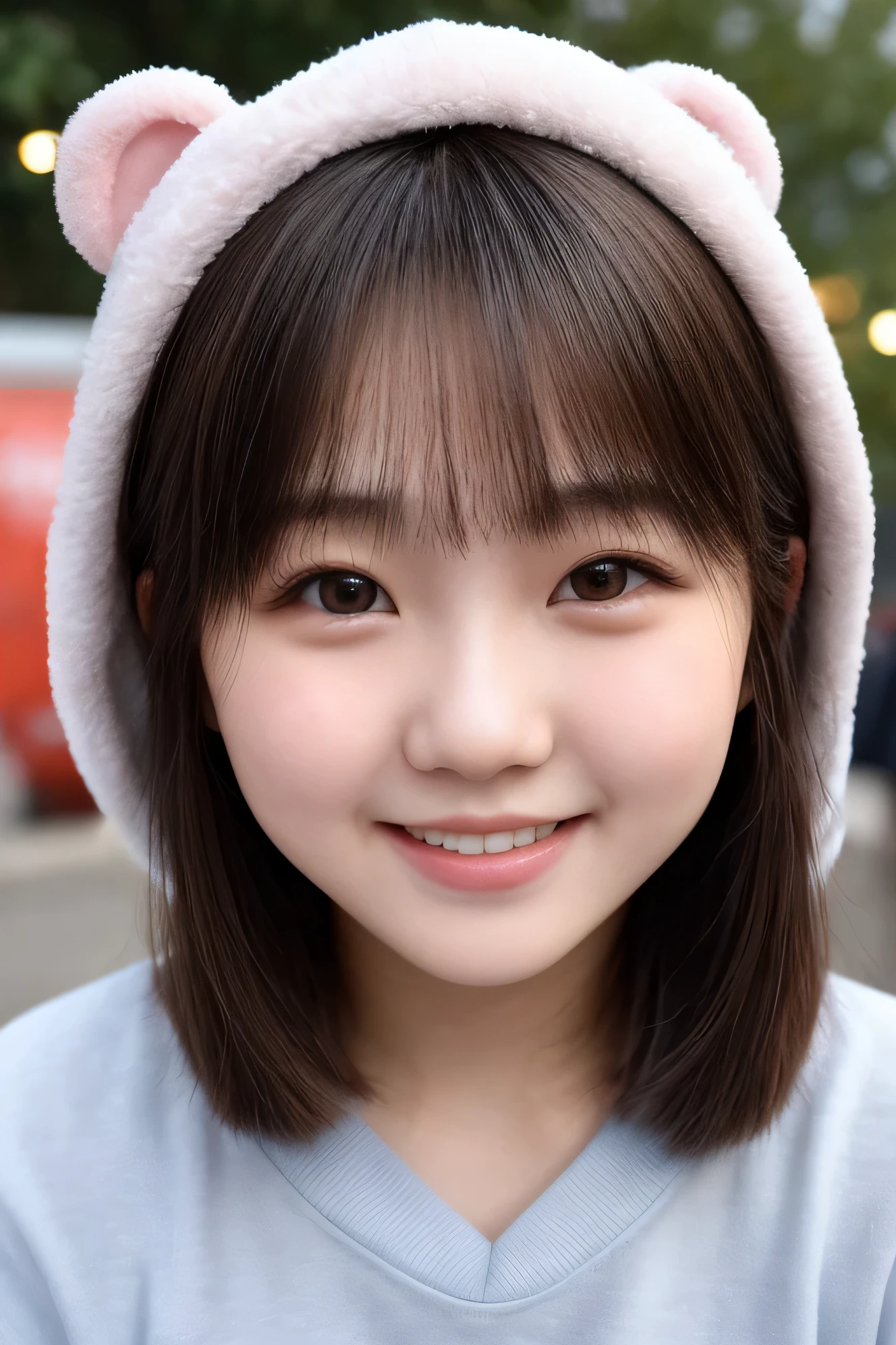 perfect lighting (close up:1.15) (medium shot portrait:0.6) a beautiful high school student，fleshy cheeks，charming，Frontal standing photo, Wear funny clothes, Look at me, shy smile，positive face，clear facial features，University Teachers&#39;Don&#39;t look sideways，Hair cannot cover the face