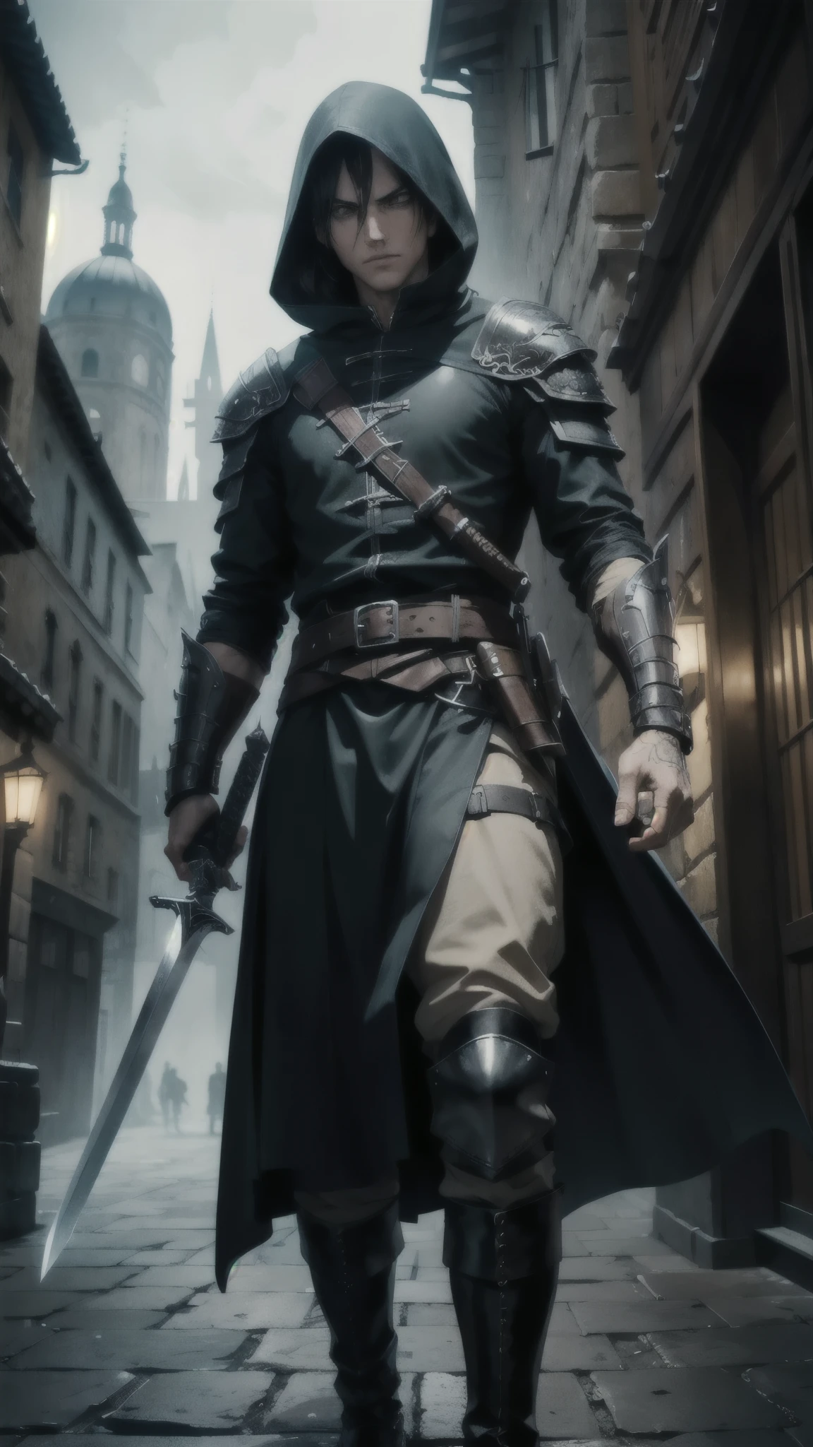Levi Ackerman, high-detailed, Assassin, medieval, hooded, thief, rogue, dark atmosphere, intense eyes, detailed facial features, stealthy, poised stance, shadowy background, impressive sword, intricate armor, expertly detailed clothing, ancient cityscape, dramatic lighting, mysterious, dangerous, hauntingly beautiful, artful composition, masterful brushwork, realistic rendering, vivid colors, dynamic perspective