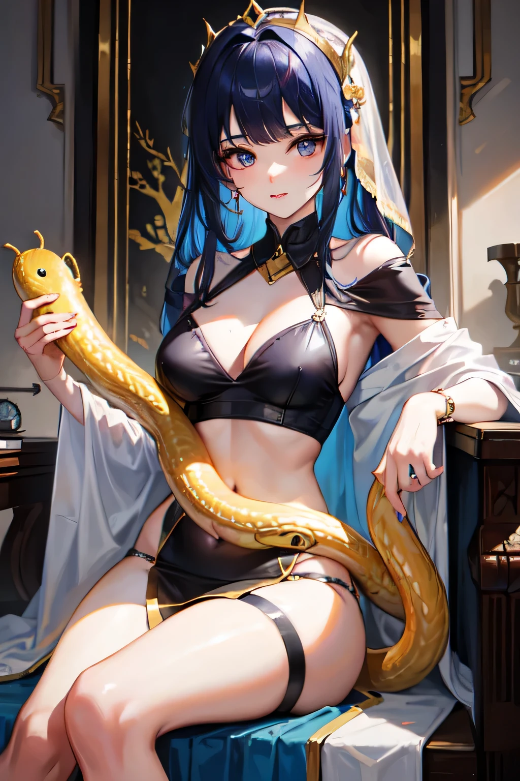 18 year old queen、she wears makeup like an indian queen、dark blue hair、short hairstyle with bangs、she is wearing something like a sheer white swimsuit.、There&#39;To the big golden snake behind me、sitting on a throne in a golden palace