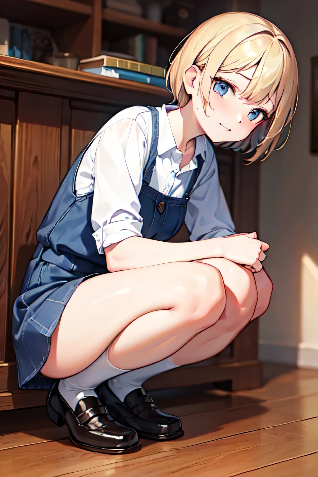 17 year old girl、blonde、very short hairstyle、wearing a blue dress