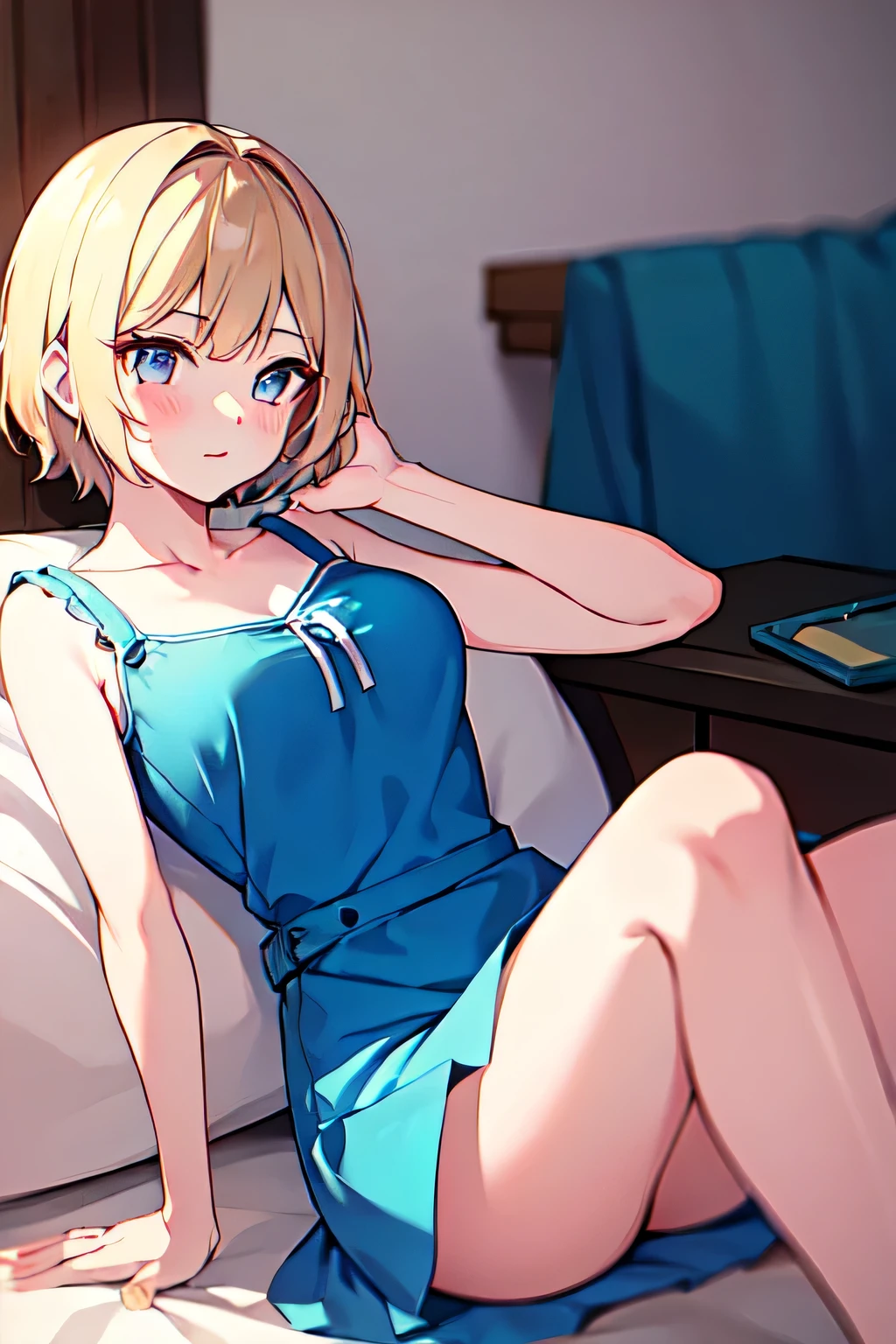 17 year old girl、blonde、very short hairstyle、wearing a blue dress