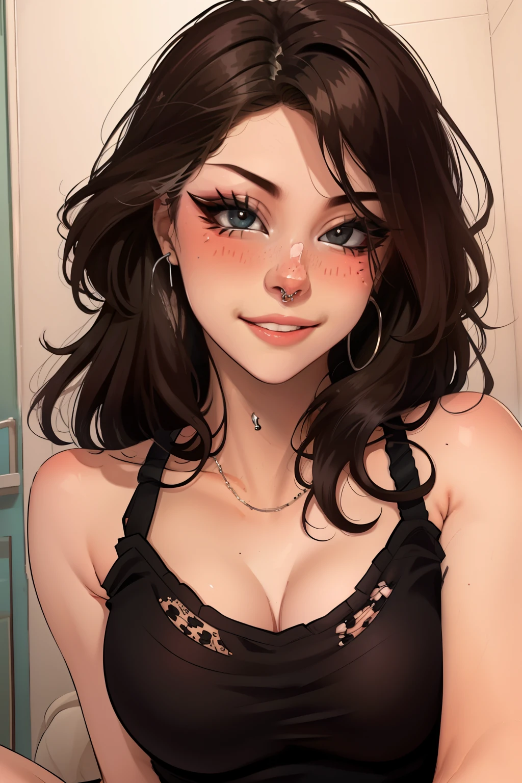 Amazing portrait of a sexy woman, Hannahowo, black messy hair, seductively gazing and smiling, soft lips, parted, blushing intensely, smiling, tank top, medium chest, perfect body, perfect detailed eyes, nose piercing