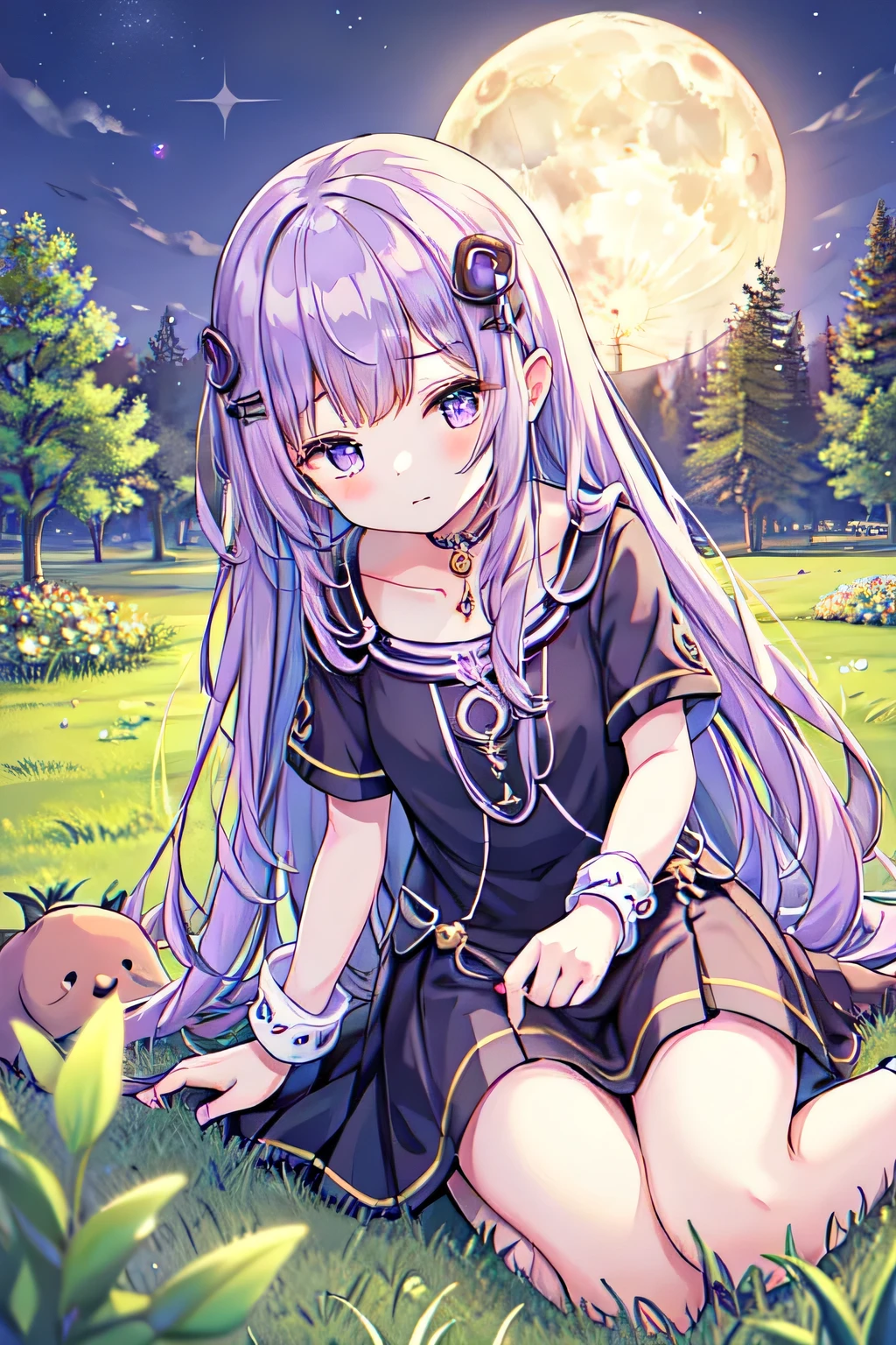 14 year old goddess girl、looks young、light purple hair、medium hairstyle、sleepy face、Grassland at night with the moon reflected in it