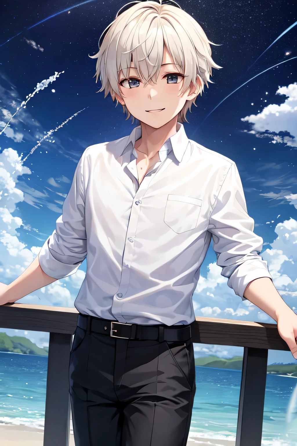 18-year-old young man、white short hair、Hair is splashing、He is wearing a white buttoned shirt and black pants.。、refreshing smile、I can see the night sky