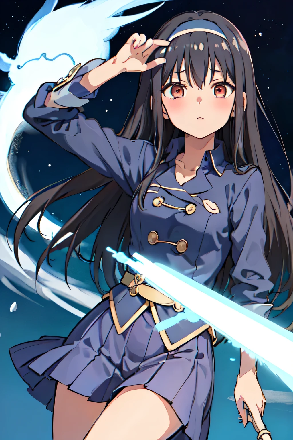 魔法少女まどか☆マギカの暁美ほむらがモデル、black hair、wears a navy blue headband、No expression