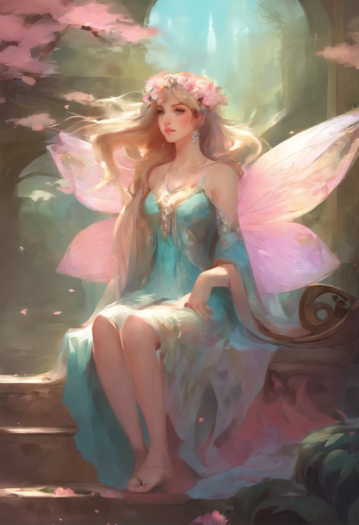 hay una mujer con cabello rosado sentada en una silla, obra de arte al estilo de guweiz, Guweiz en ArtStation Pixiv, guweiz, arte digital, animado. soft lighting, beautiful fantasy animado, beautiful animado girl, animado art wallpaper 8 k, lovely languid fairy