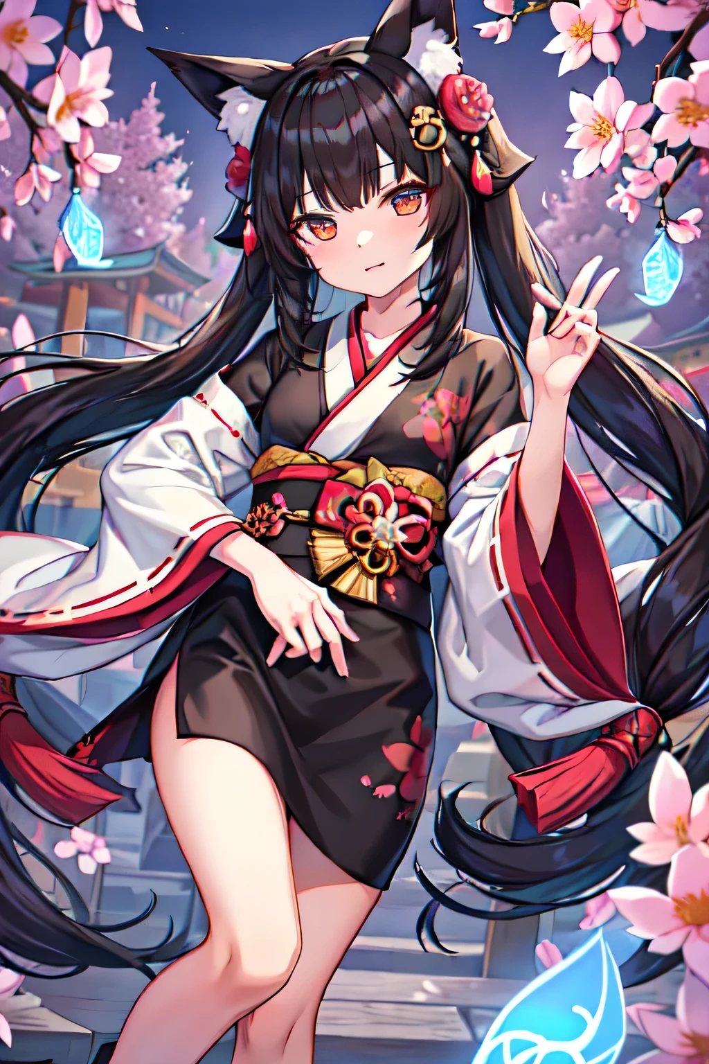Anime illustration、masterpiece、Highest quality、One girl、Long straight black hair、Her hair is decorated with a ribbon and roses.、Wearing a kimono、The pattern is blue roses、Eyes are a violet gradation、The season is summer dusk、The background is the port、Nippon Maru is at anchor、Summer grass grows