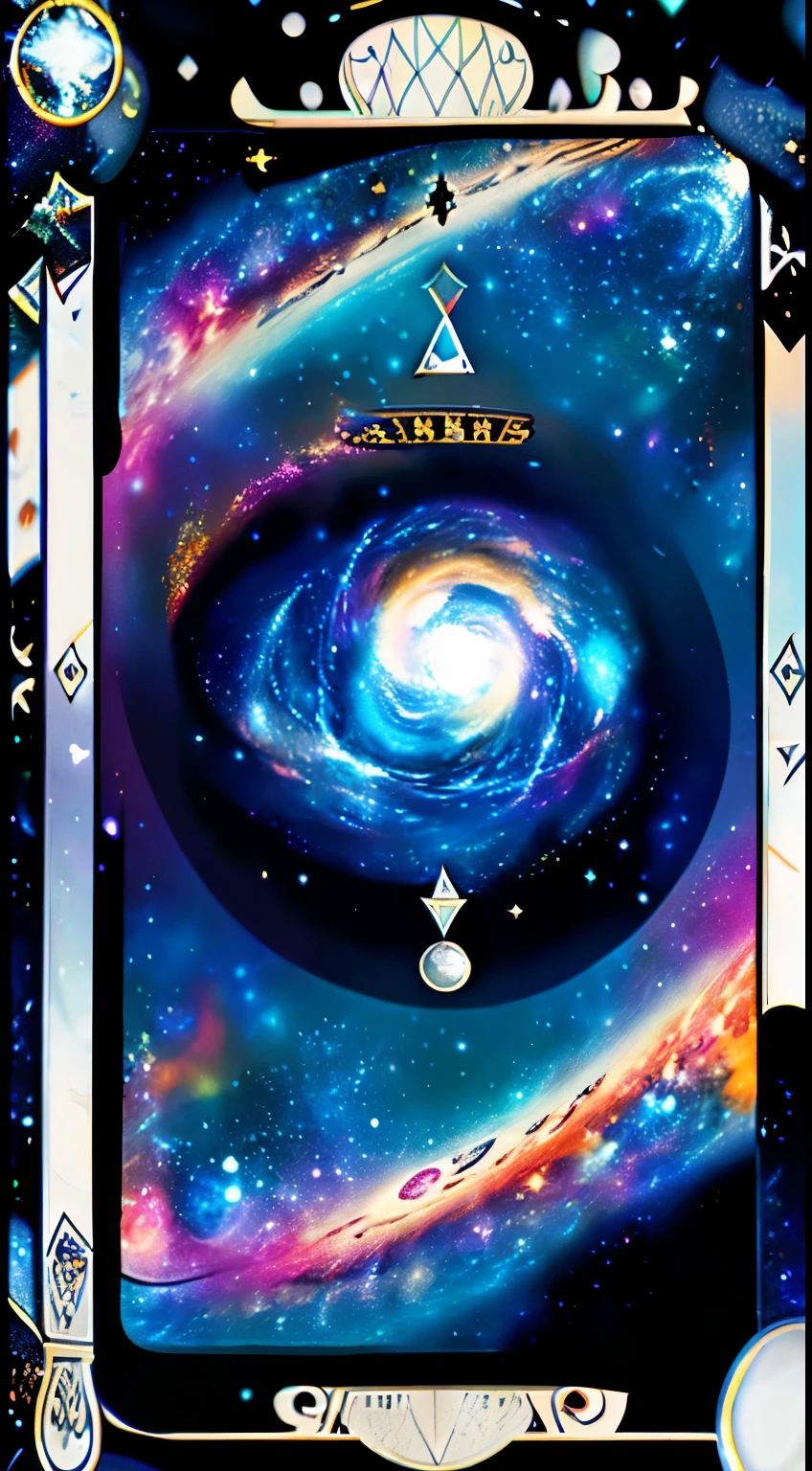 Masterpiece, Best Quality, Ultra-Detailed, a card of a large dense black hole, with lights floating and distorting around it. starry space background, galaxy background, night sky background, conceptual art, (((tarot card:1.0))), card, tarot
