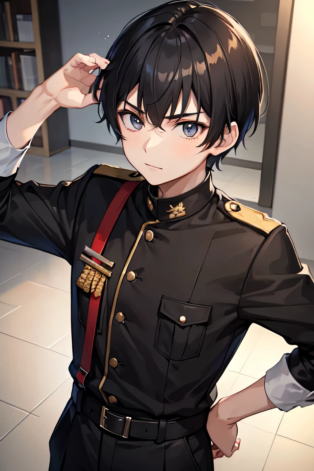 young man、black short hair、wearing a brown military uniform、sharp face