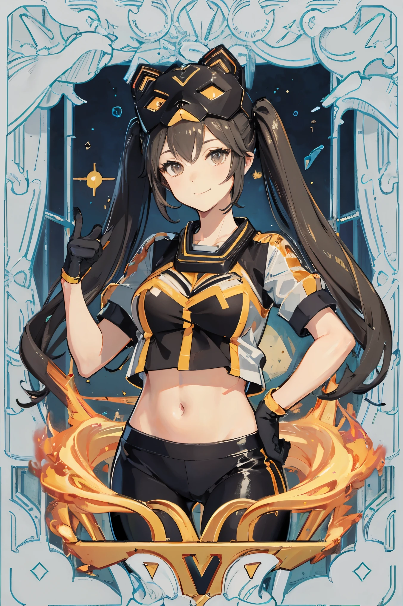 ip1, 1girl, cat mask, crop top, tight pants, twintails, short sleeves, gloves, tarot card, black, little smile