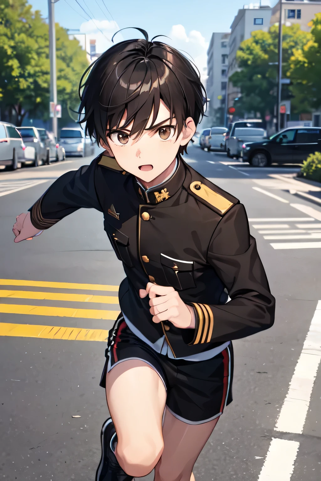 16 year old young man、black short hair、wearing a brown military uniform、sharp face、running
