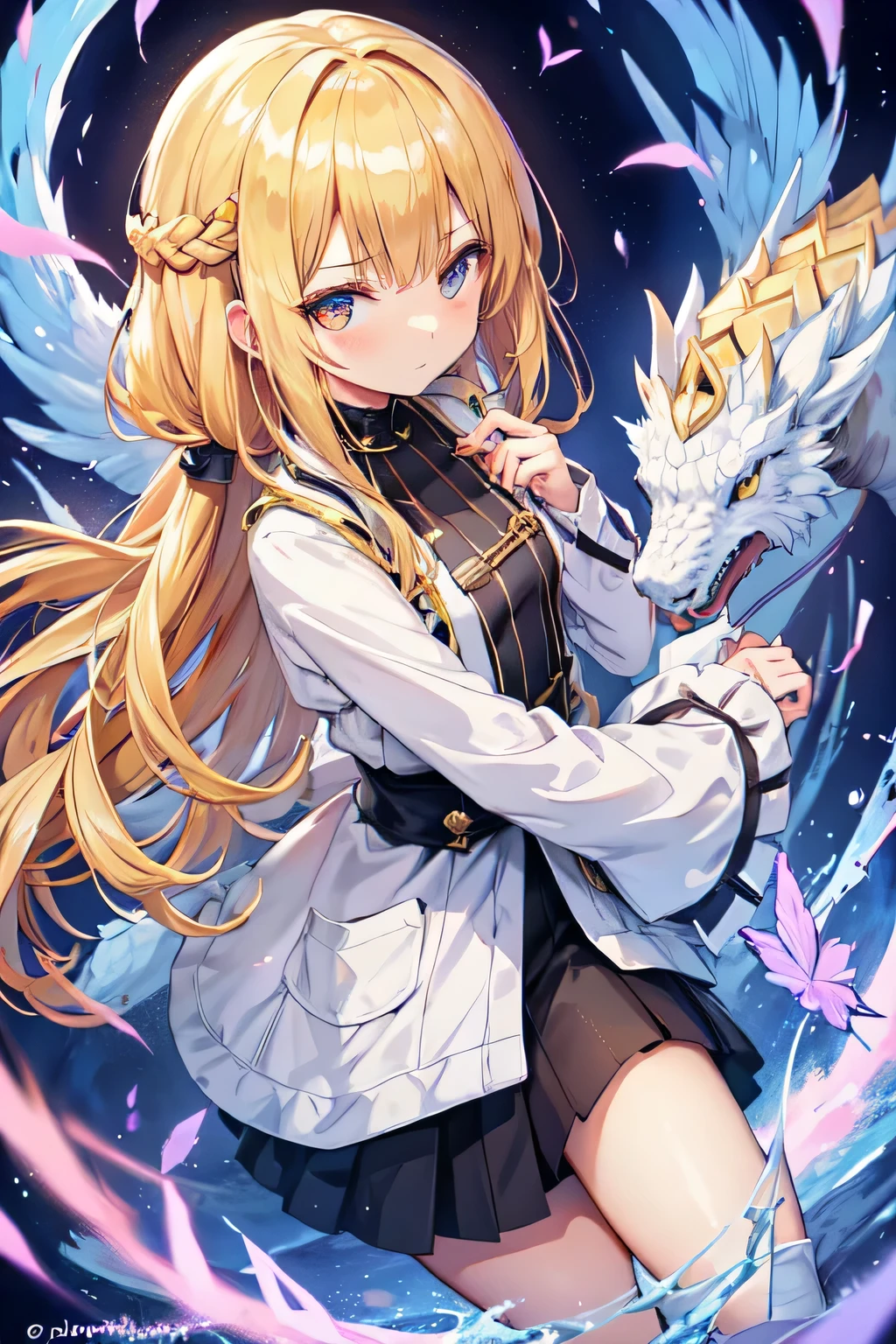 17 year old girl、blonde、long hairstyle、expressionless face、Carrying a small white dragon on his shoulders、in a dark labyrinth