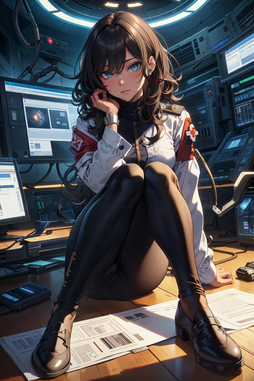 (extremely detailed CG unity 4k wallpaper),(masterpiece),(best quality),(ultra-detailed),(best illustration),(best shadow),(absurdres),(detailed background), Detailed face, Detailed hair, Woman with light skin, Shoulder length messy straight and curly black hair, bedroom eyes, Doe eyes, Blue eyes, Neutral expression, Turtle neck with Blue Long Sleeve Button Down Shirt and Red cross patch, black pants, Spaceship Hospital Background, Siting on a medical table, Black glossy eyeshadow, 