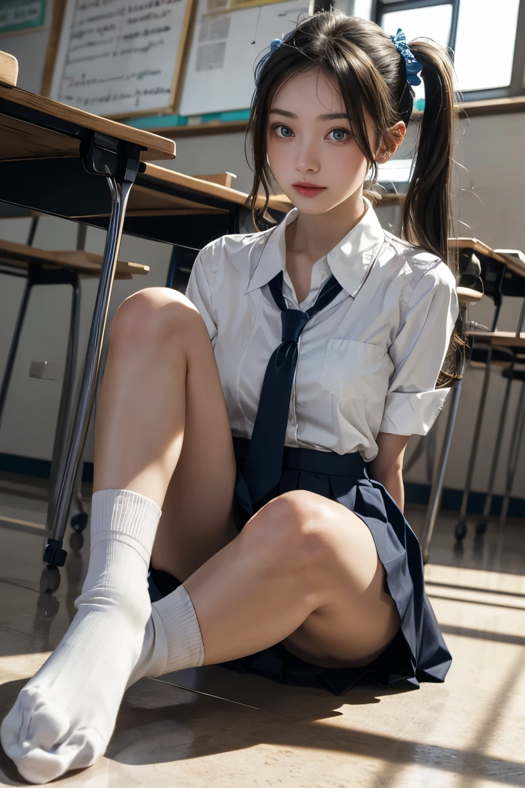 A high school girl sitting on the classroom floor and taking off her socks, staring at me with blue eyes, white shirt and tie, pleated skirt, scrunchie on her wrists, hairpins, black hair in twin tails, ribbons, from the front and from below.