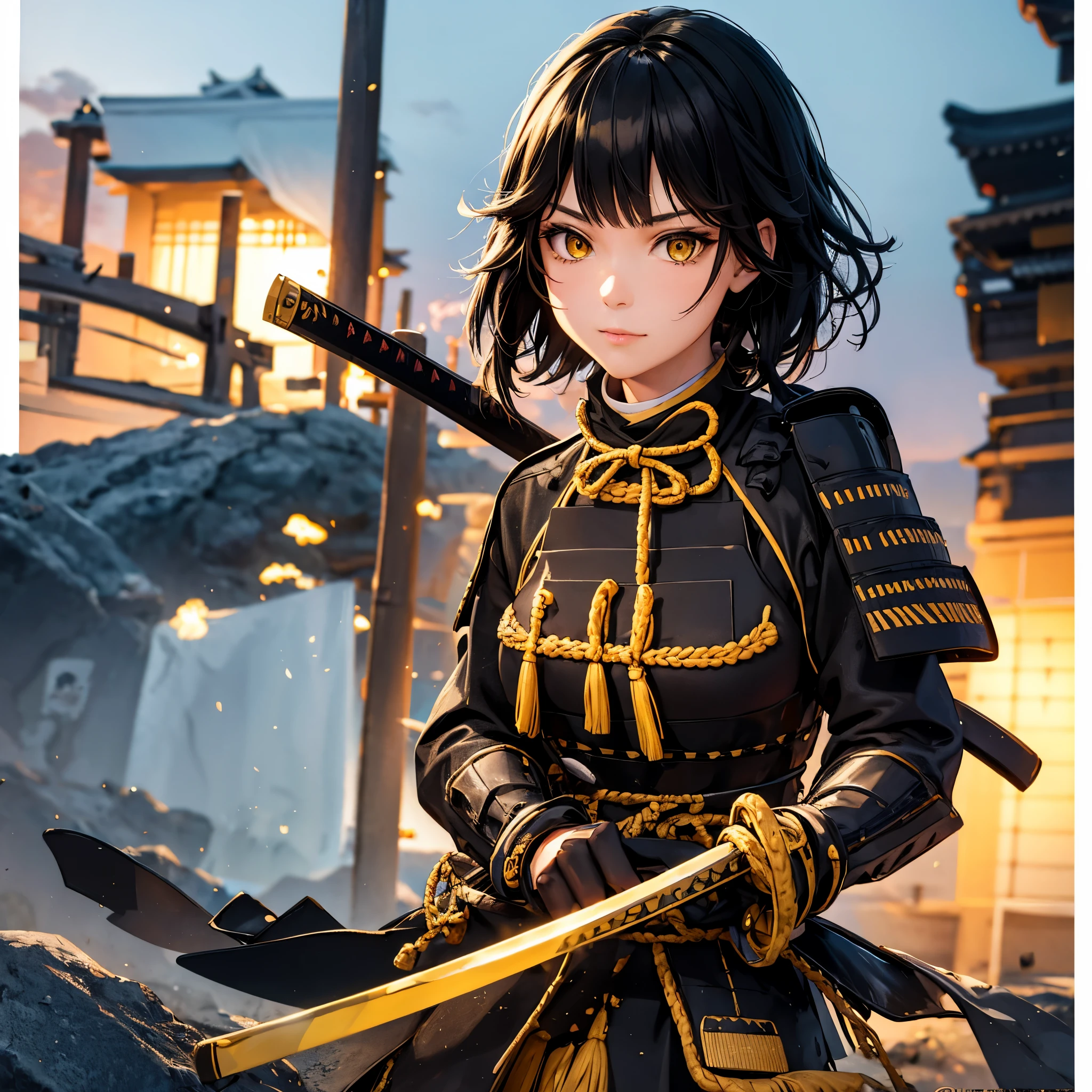 a woman with black hair, ponytailed hair, yellow eyes, wearing black samurai armor with gold trim, holding a katana, outside a traditional Japanese fortress.
